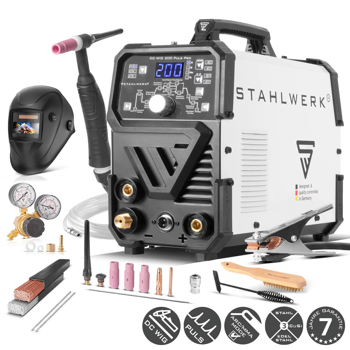 STAHLWERK DC TIG 200 Puls Pro completamente equipaggiato - saldatrice TIG professionale digitale con funzione elettrica manuale e pulsata MMA, adatta per lamiere sottili