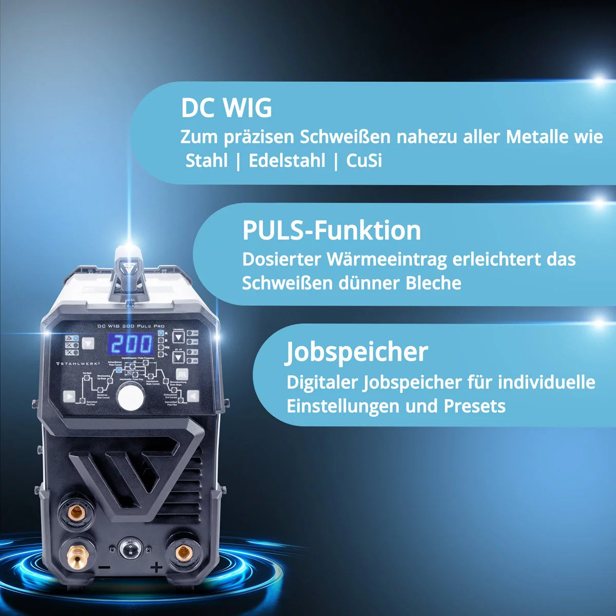 STAHLWERK 2-in-1 combination welding machine DC TIG 200 Puls Pro - digital professional TIG welding machine with MMA electric hand and pulse function, suitable for thin sheet metal