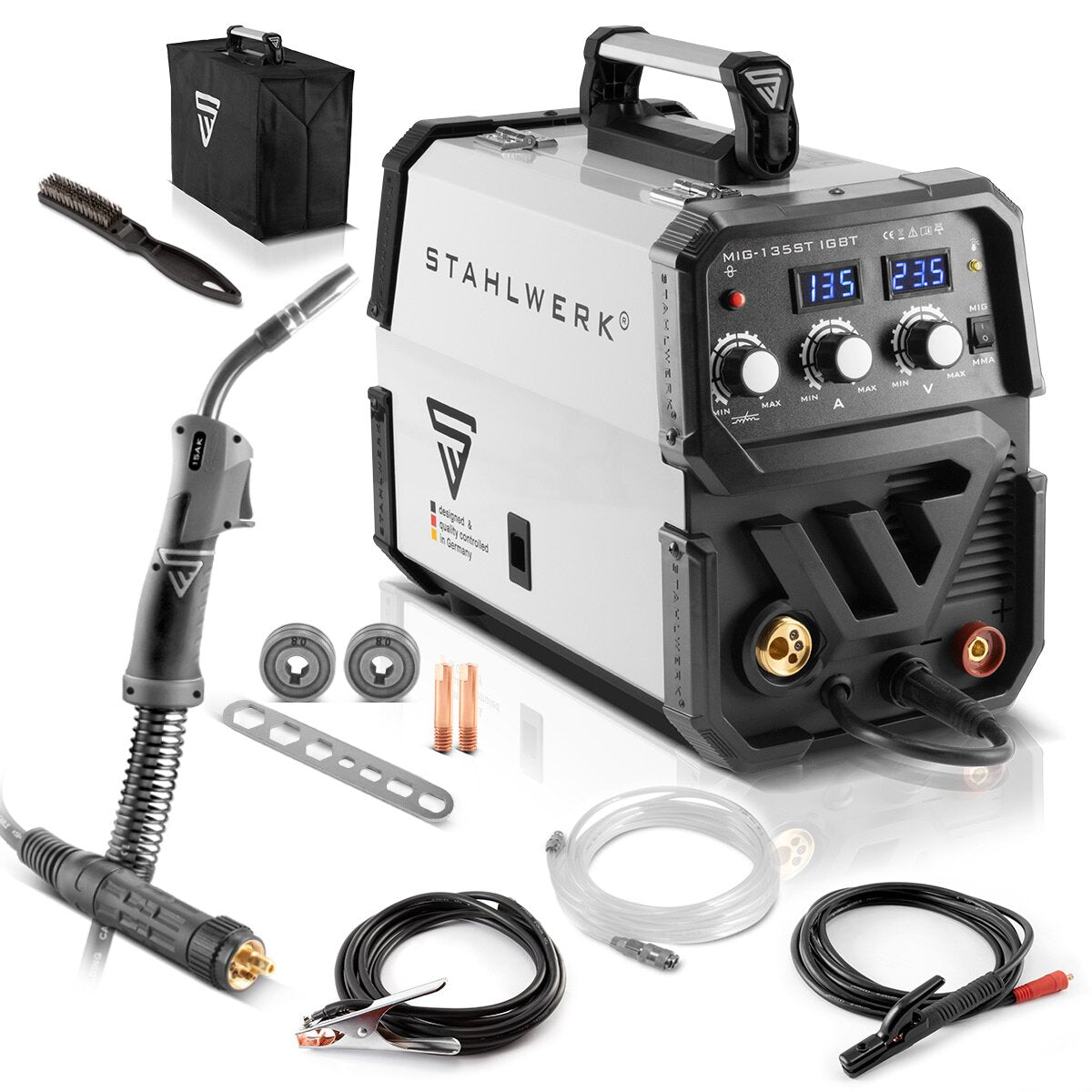 Poste à souder STAHLWERK MIG MAG 135 ST IGBT / Poste à souder au gaz inerte avec alimentation en fil synergique et 135 ampères réels / Poste à souder combiné