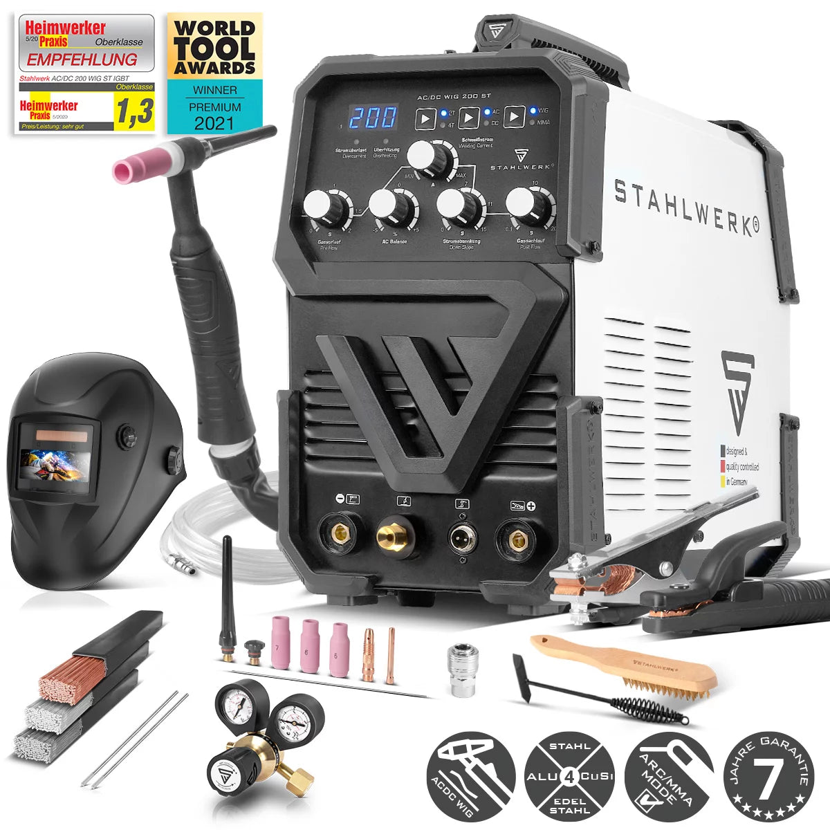 Attrezzatura completa STAHLWERK AC/DC TIG 200 ST IGBT, saldatrice combinata con 200 A TIG MMA, saldatura dell'alluminio