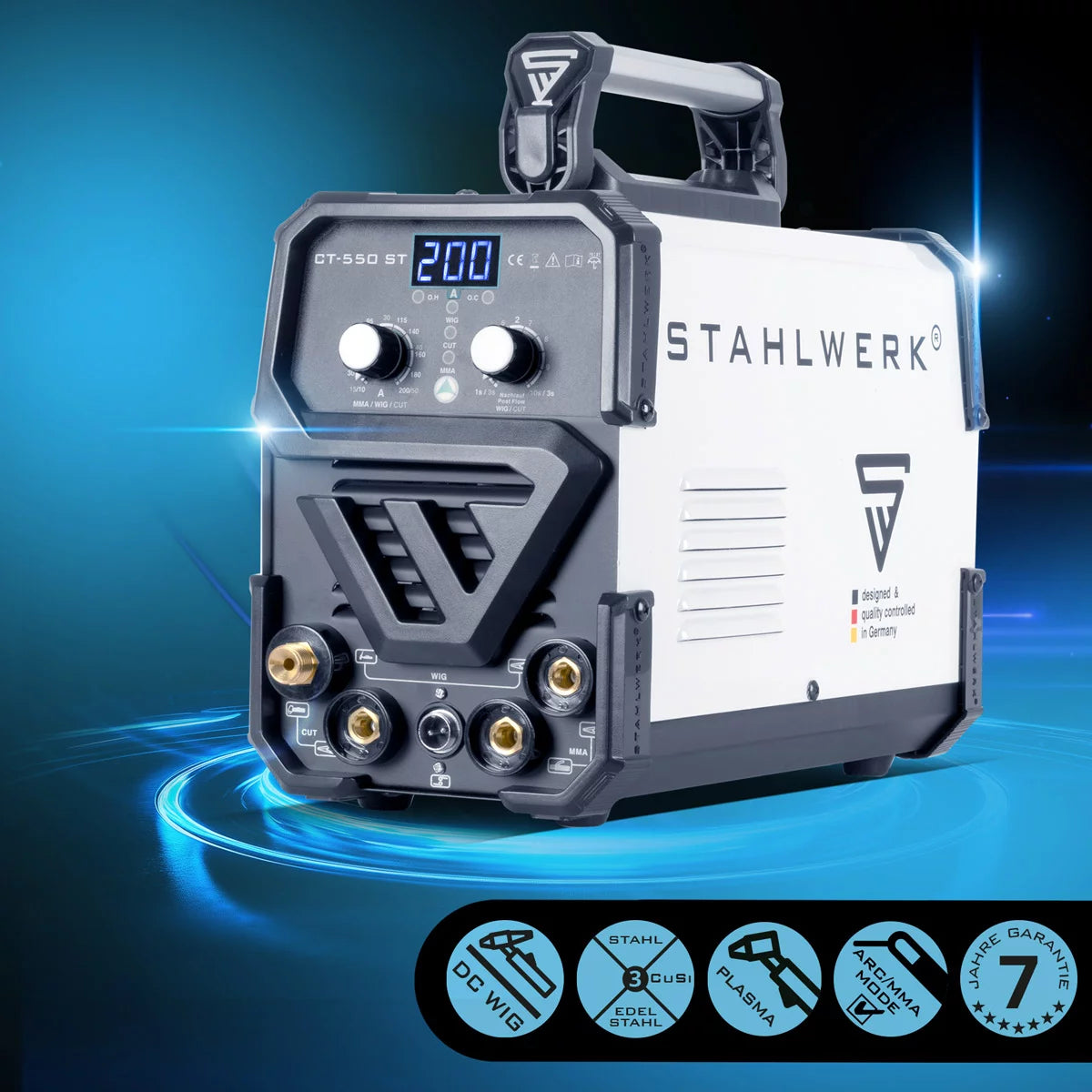 STAHLWERK 3 in 1 Kombi-Schweißgerät CT 550 ST IGBT mit Elektroden- und Plasma-Funktion / DC WIG MMA Schweißgerät mit Plasmaschneider bis 12mm, 200 Ampere WIG/MMA + 50 A CUT