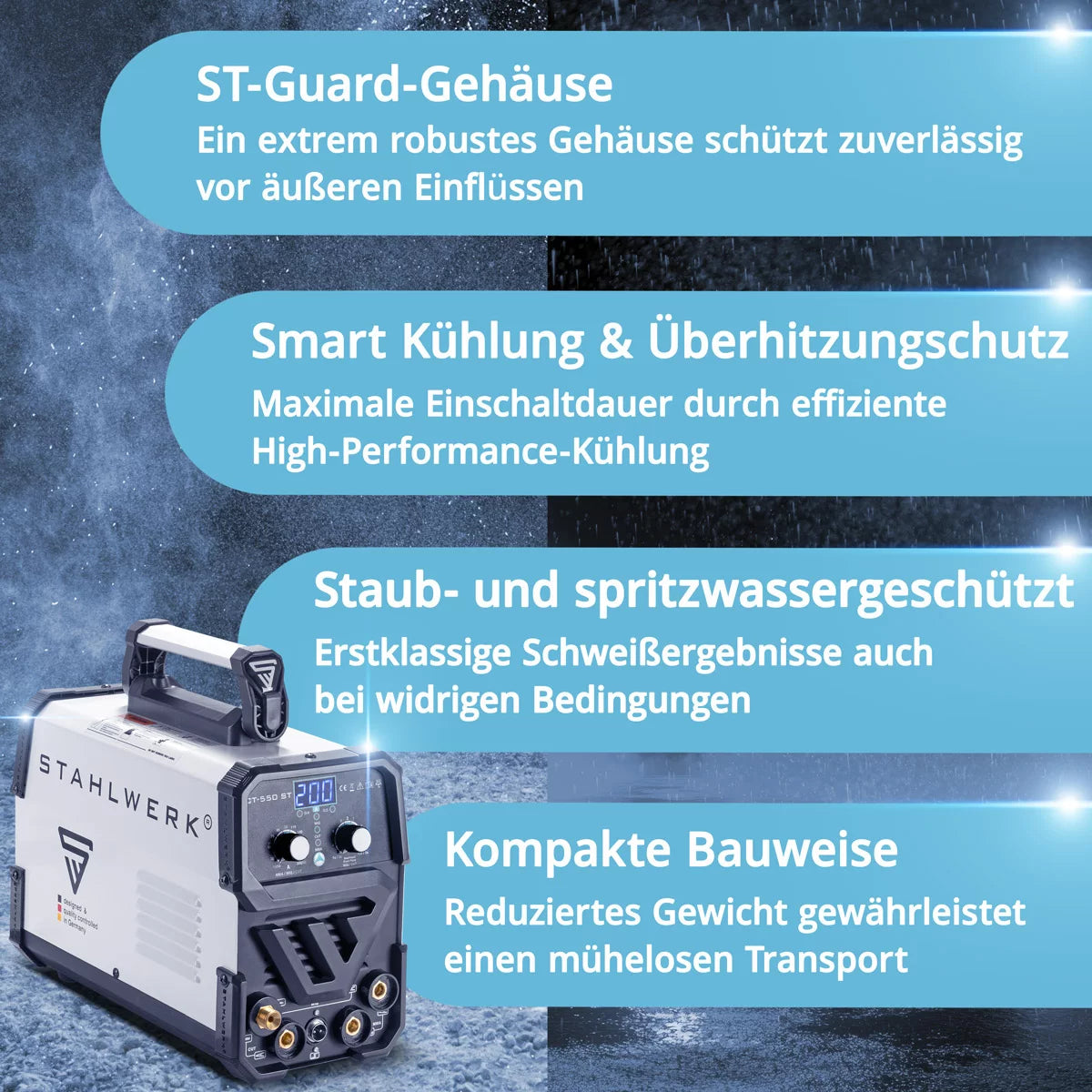 STAHLWERK 3 in 1 Kombi-Schweißgerät CT 550 ST IGBT mit Elektroden- und Plasma-Funktion / DC WIG MMA Schweißgerät mit Plasmaschneider bis 12mm, 200 Ampere WIG/MMA + 50 A CUT