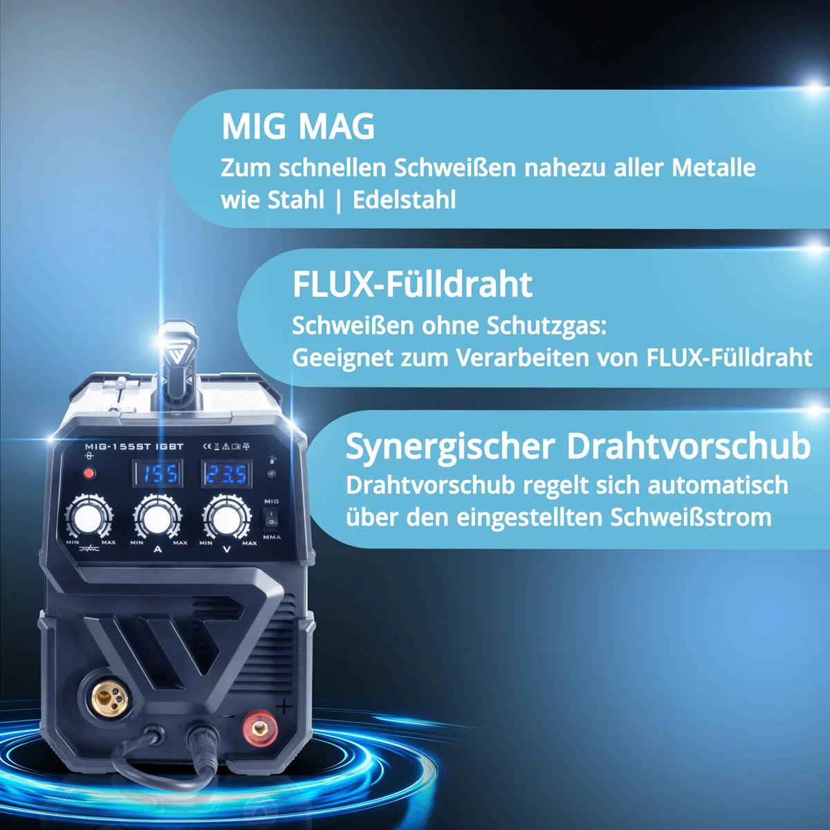 STAHLWERK Schweißgerät MIG MAG 155 ST IGBT mit synergischem Drahtvorschub und echten 155 Ampere / Schutzgasschweißgerät mit MMA / E-Hand