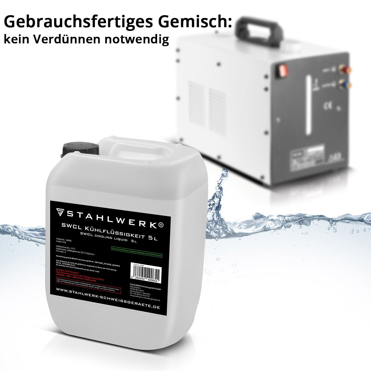 Refrigerante STAHLWERK SWCL Bidón de 5 l 25 µS/cm hasta -15°C Refrigerante | Refrigeración por agua | Agua de refrigeración para enfriadores de agua y paquetes de mangueras refrigeradas por agua de máquinas de soldar y cortadoras de plasma