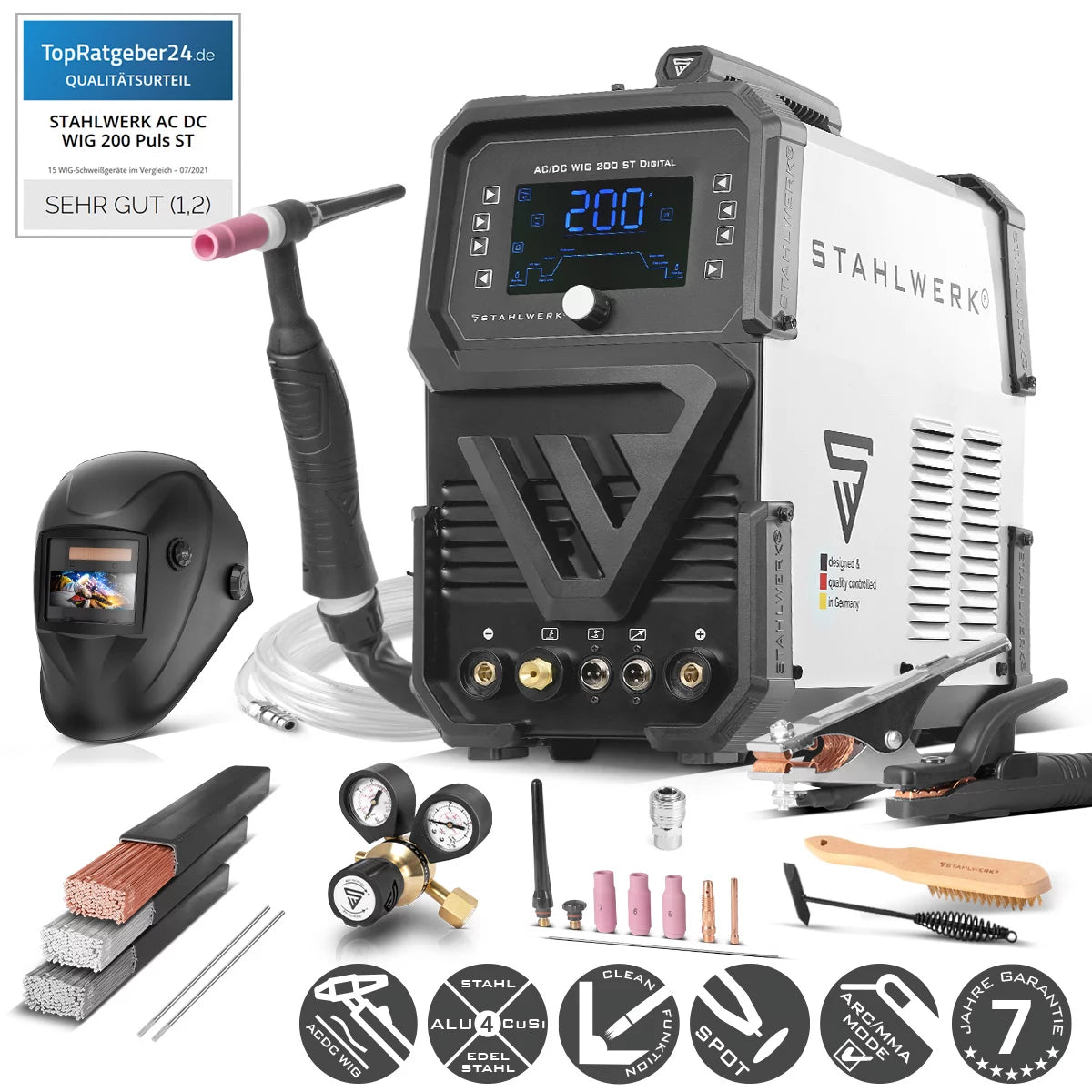 Soldadora STAHLWERK AC/DC TIG 200 ST Digital 2026 totalmente equipada | Máquina de soldar combinada | Sistema de soldadura combinado | Inversor TIG MMA apto para aluminio con 200 A y función de limpieza integrada