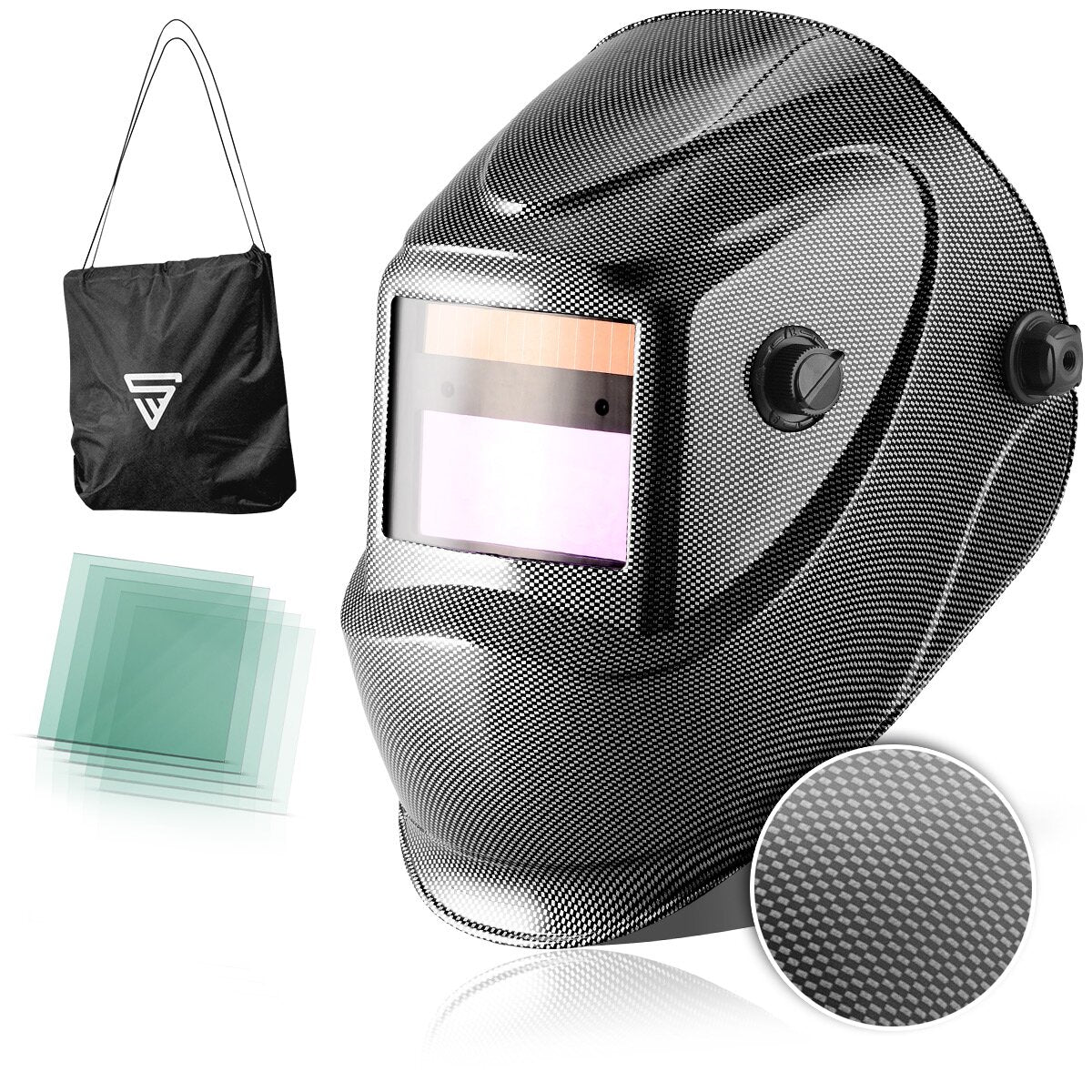 Casco de soldadura STAHLWERK totalmente automático ST-450 RC con aspecto de carbono, oscurecimiento totalmente automático, parámetros ajustables, incl. 5 lentes de repuesto