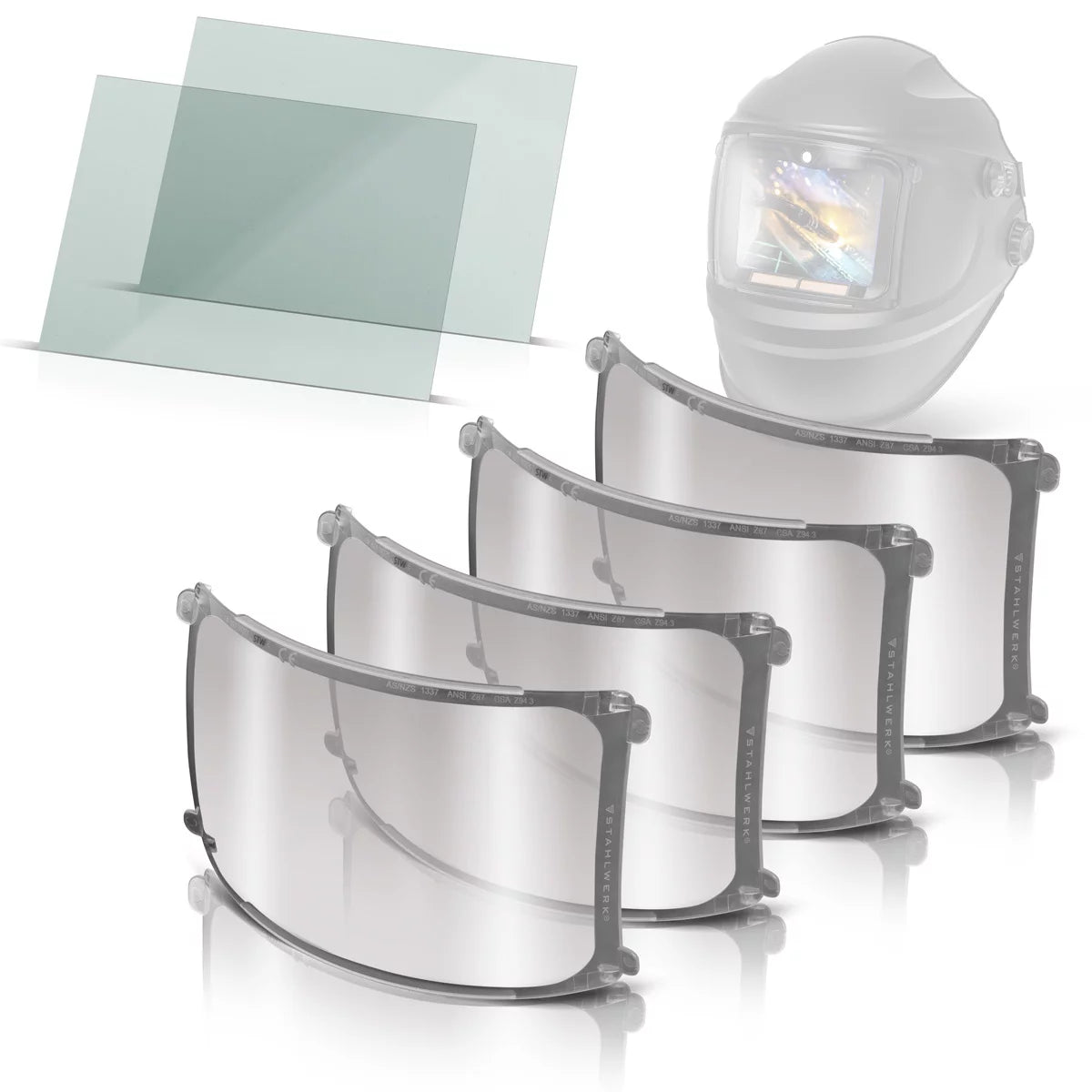 Lentes de repuesto para casco de soldadura STAHLWERK, juego de 6 lentes de repuesto por dentro y por fuera Vidrio de protección para soldadura | Lente de visera | Gafas protectoras EN ISO 16321 para casco de soldadura totalmente automático RAPTOR