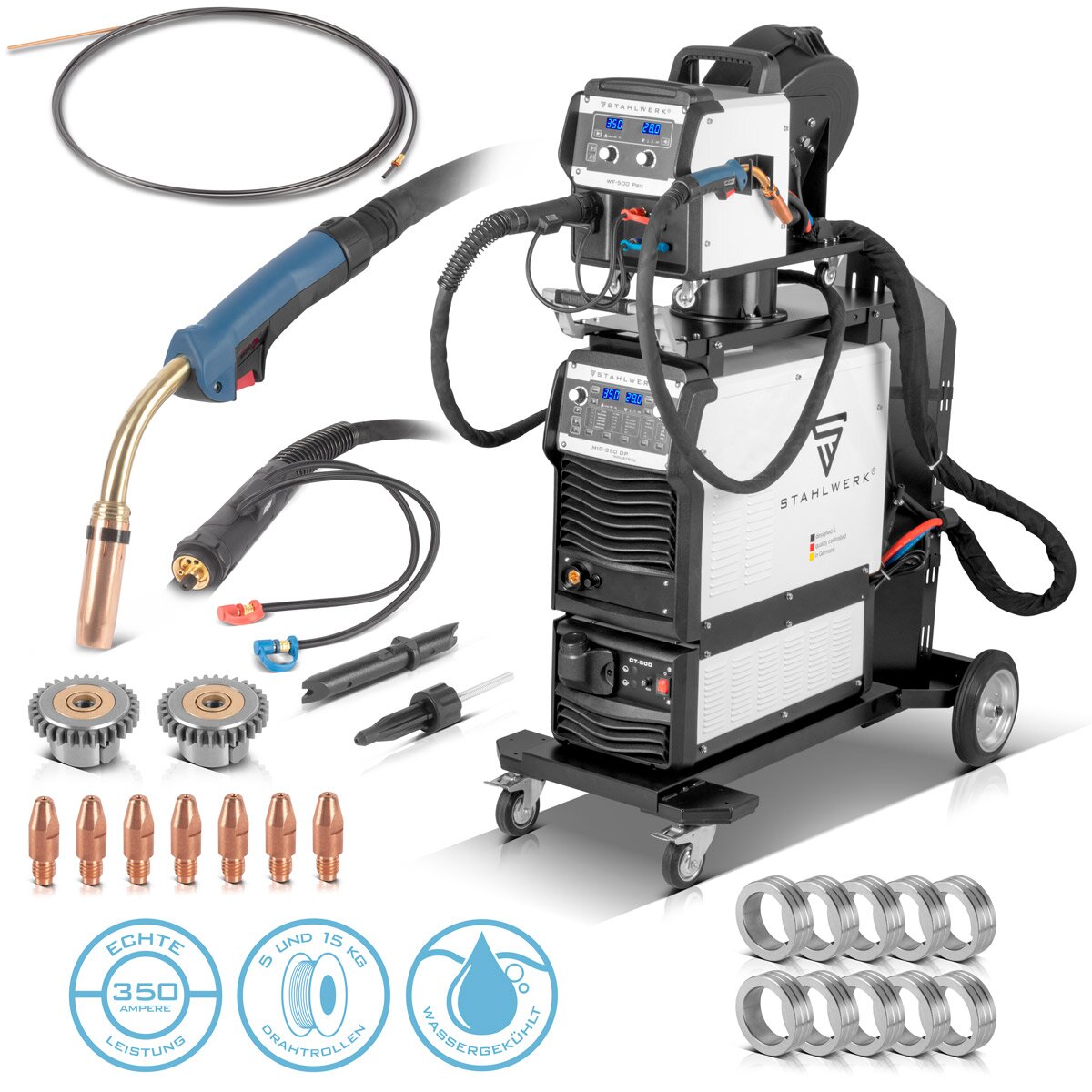Poste de soudage industriel STAHLWERK MIG MAG 350 DP Onduleur IGBT entièrement synergique, refroidi par eau avec 350 A et fonction spot, système de soudage MIG MAG avec impulsion | Double impulsion | Impulsion à grande vitesse