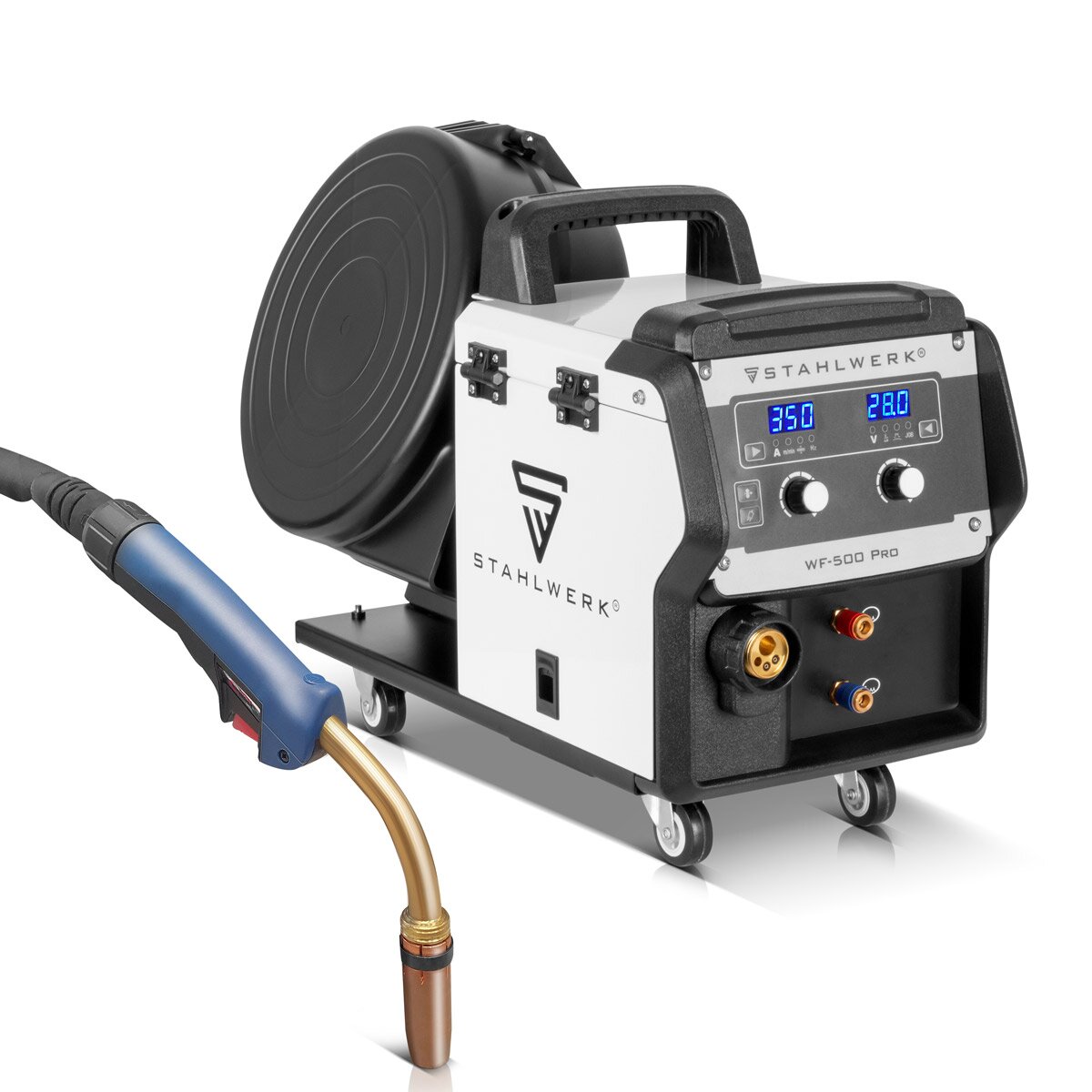 Poste de soudage industriel STAHLWERK MIG MAG 350 DP Onduleur IGBT entièrement synergique, refroidi par eau avec 350 A et fonction spot, système de soudage MIG MAG avec impulsion | Double impulsion | Impulsion à grande vitesse