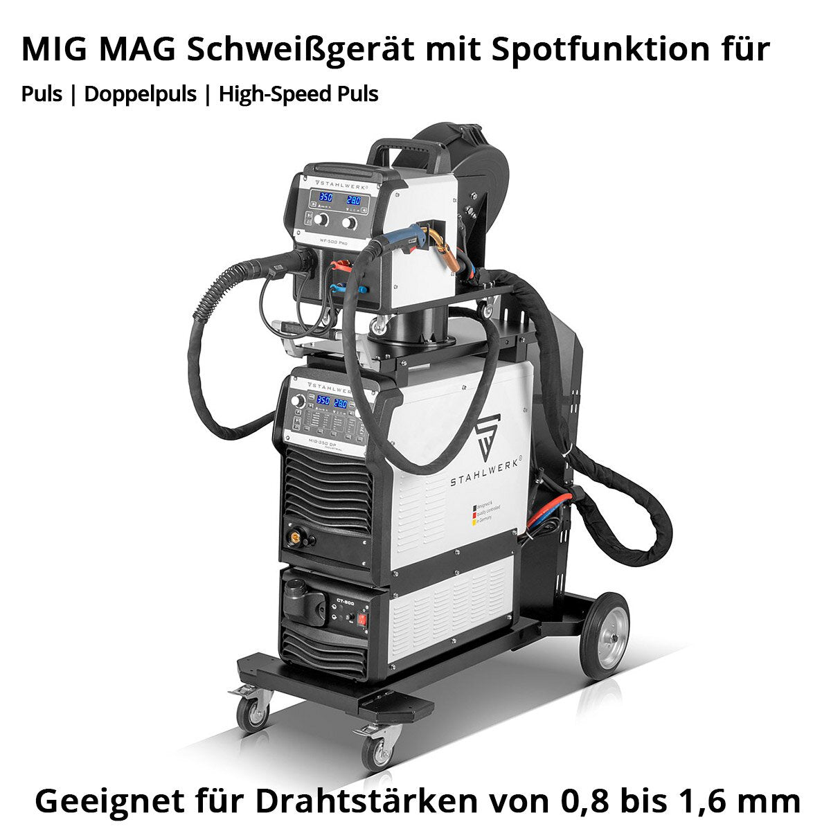Poste de soudage industriel STAHLWERK MIG MAG 350 DP Onduleur IGBT entièrement synergique, refroidi par eau avec 350 A et fonction spot, système de soudage MIG MAG avec impulsion | Double impulsion | Impulsion à grande vitesse