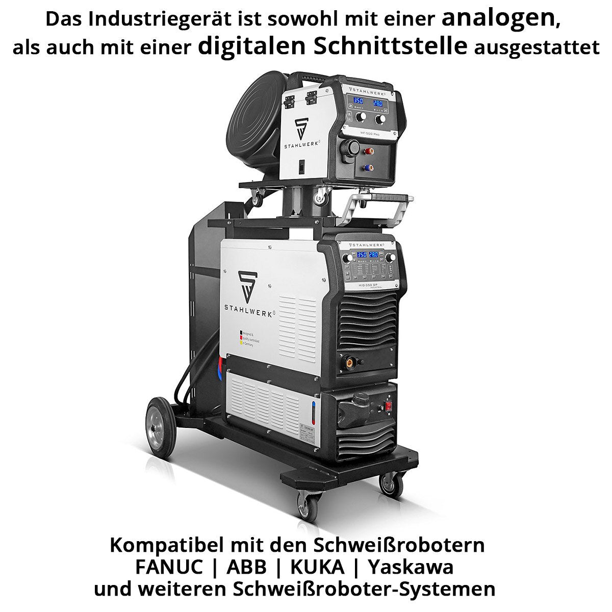 Poste de soudage industriel STAHLWERK MIG MAG 350 DP Onduleur IGBT entièrement synergique, refroidi par eau avec 350 A et fonction spot, système de soudage MIG MAG avec impulsion | Double impulsion | Impulsion à grande vitesse