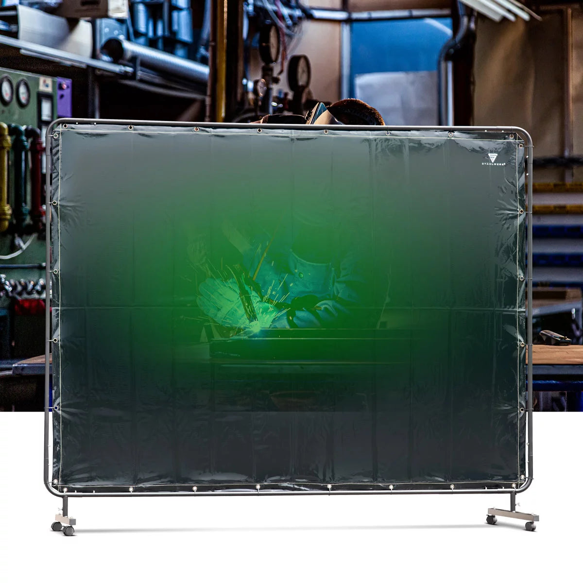Paroi de protection de soudage mobile STAHLWERK 240 x 180 cm en acier et plastique vinyle résistant aux UV