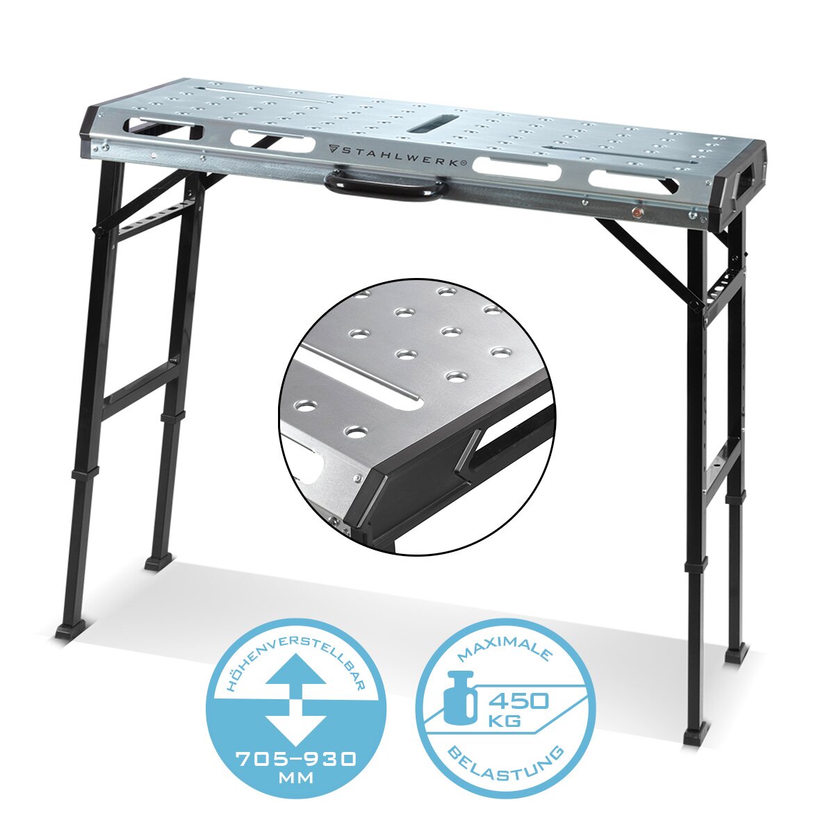 Table de soudage mobile STAHLWERK AWT-930 ST 1068 x 532 mm Établi pliable et réglable en hauteur | Table de travail | Table de montage avec plage de levage de 705 à 930 mm, capacité de charge de 450 kg et plaque perforée D20