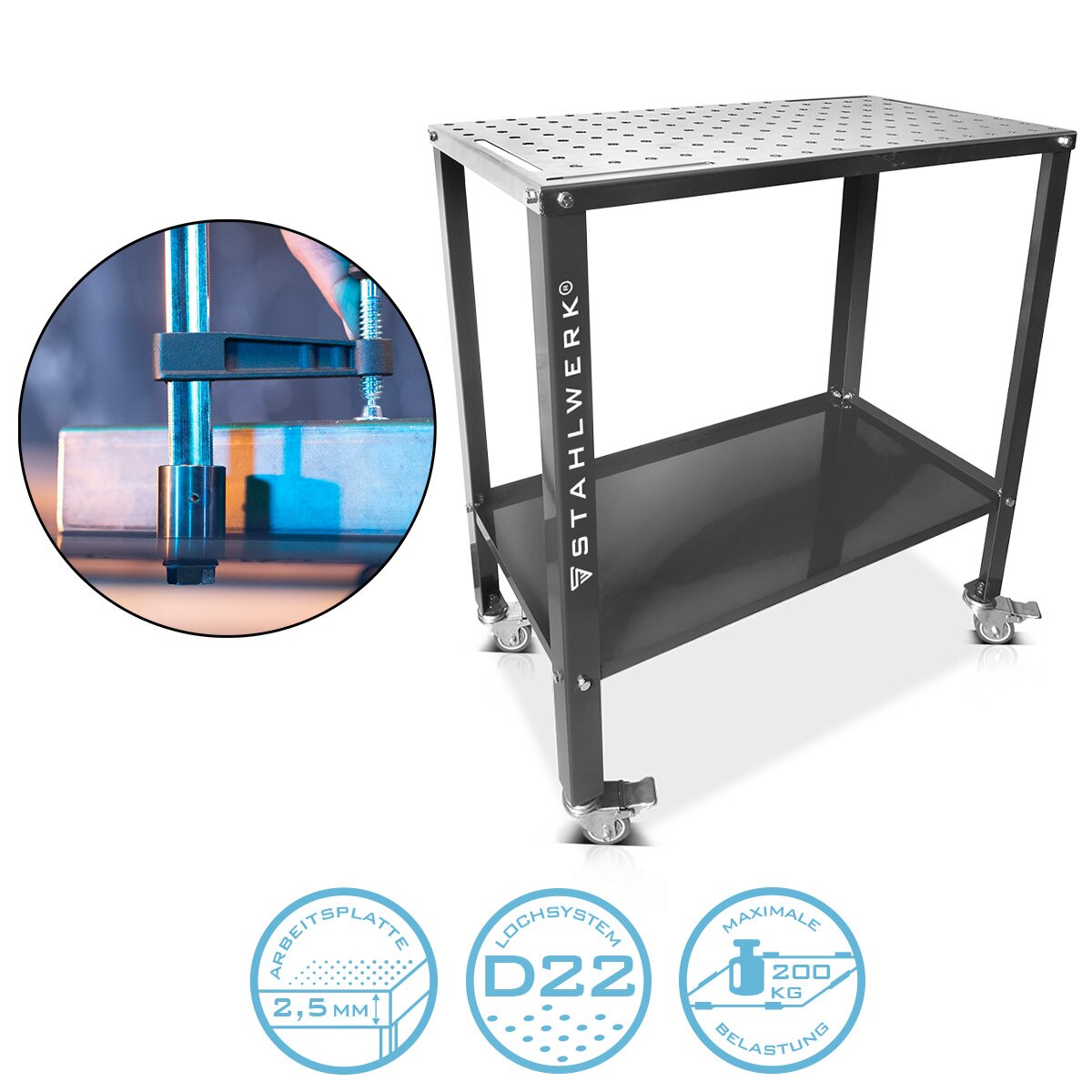 STAHLWERK welding table WT-960 ST 915 x 457 mm galvanized assembly table with 200 kg load capacity, D22 perforated plate, powder-coated legs and storage compartment