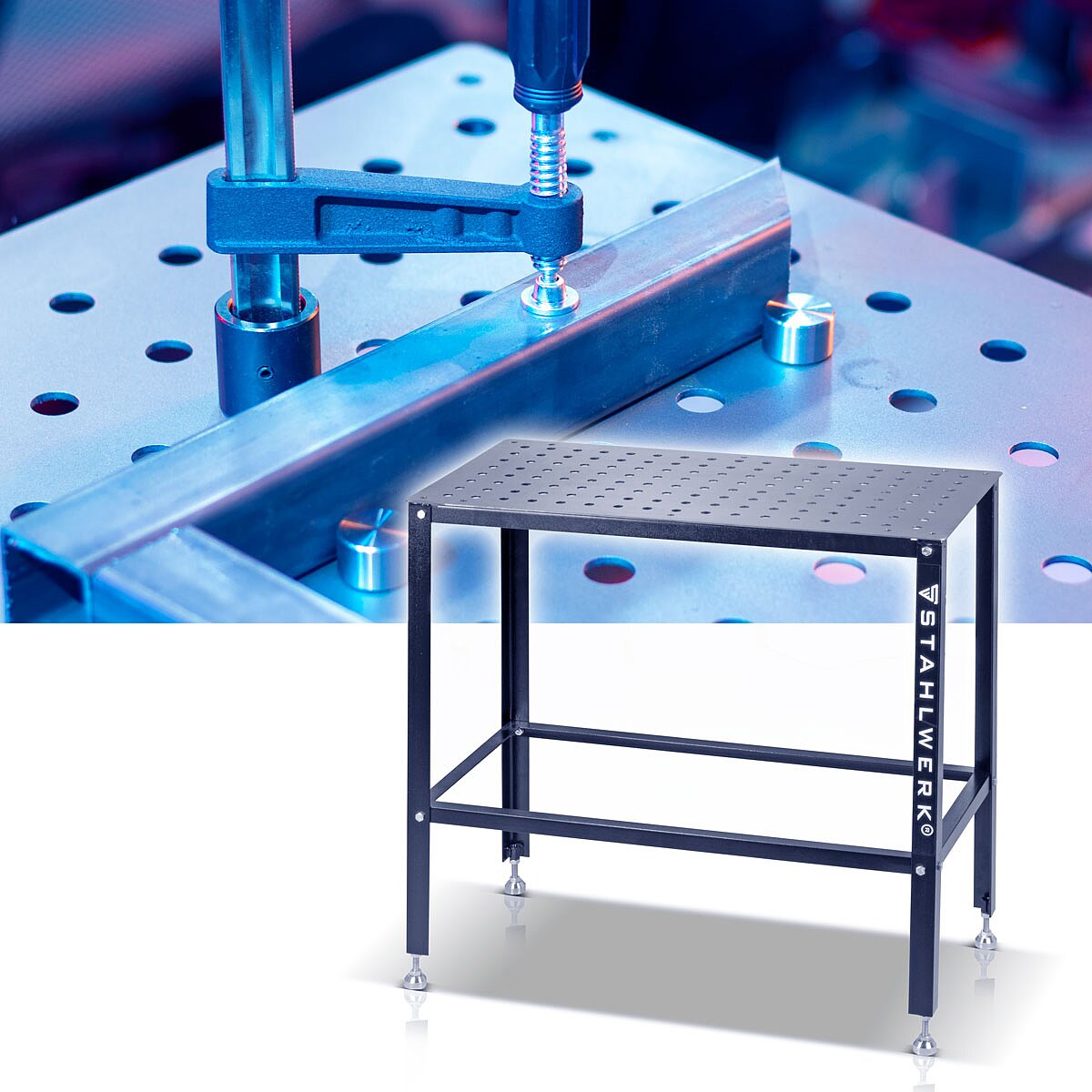 STAHLWERK welding table | Assembly table with 500 kg load capacity and 3 mm worktop 91.5 x 46 x 90 cm in the D16 hole system, DIY kit made of heavy-duty carbon steel with leveling stainless steel feet
