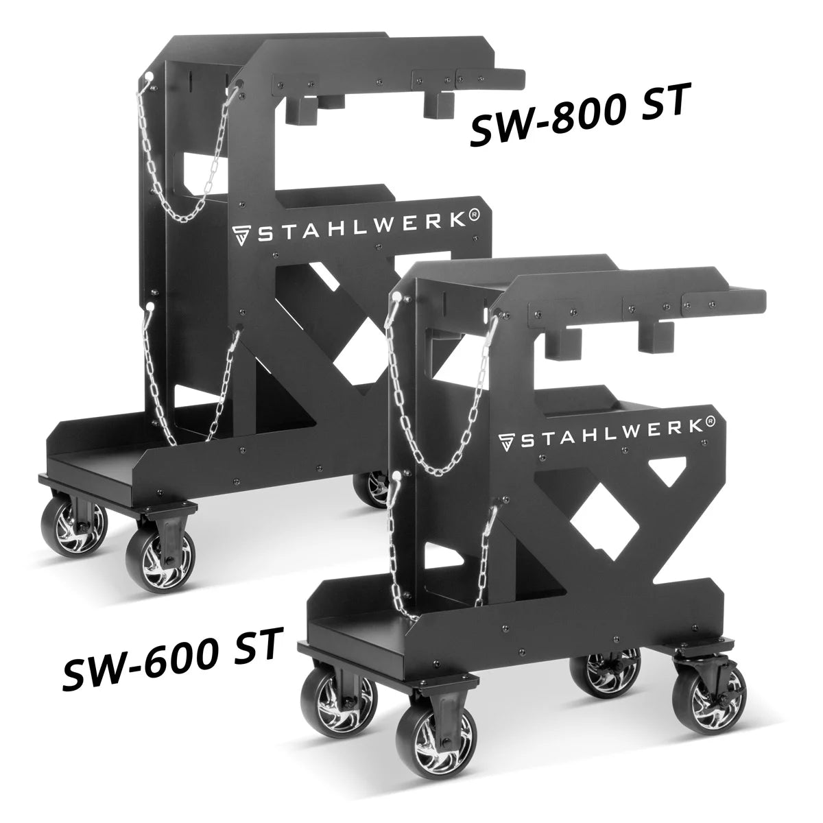 STAHLWERK Schweisswagen SW-600-ST | 1,5 mm Wandstärke | Robuster Schweissgerätewagen | Plasmaschneider-Transportwagen mit Schlauch-und Kabelhalterung | Gasflaschen-Kettensicherung | Longlife-Gummirollen