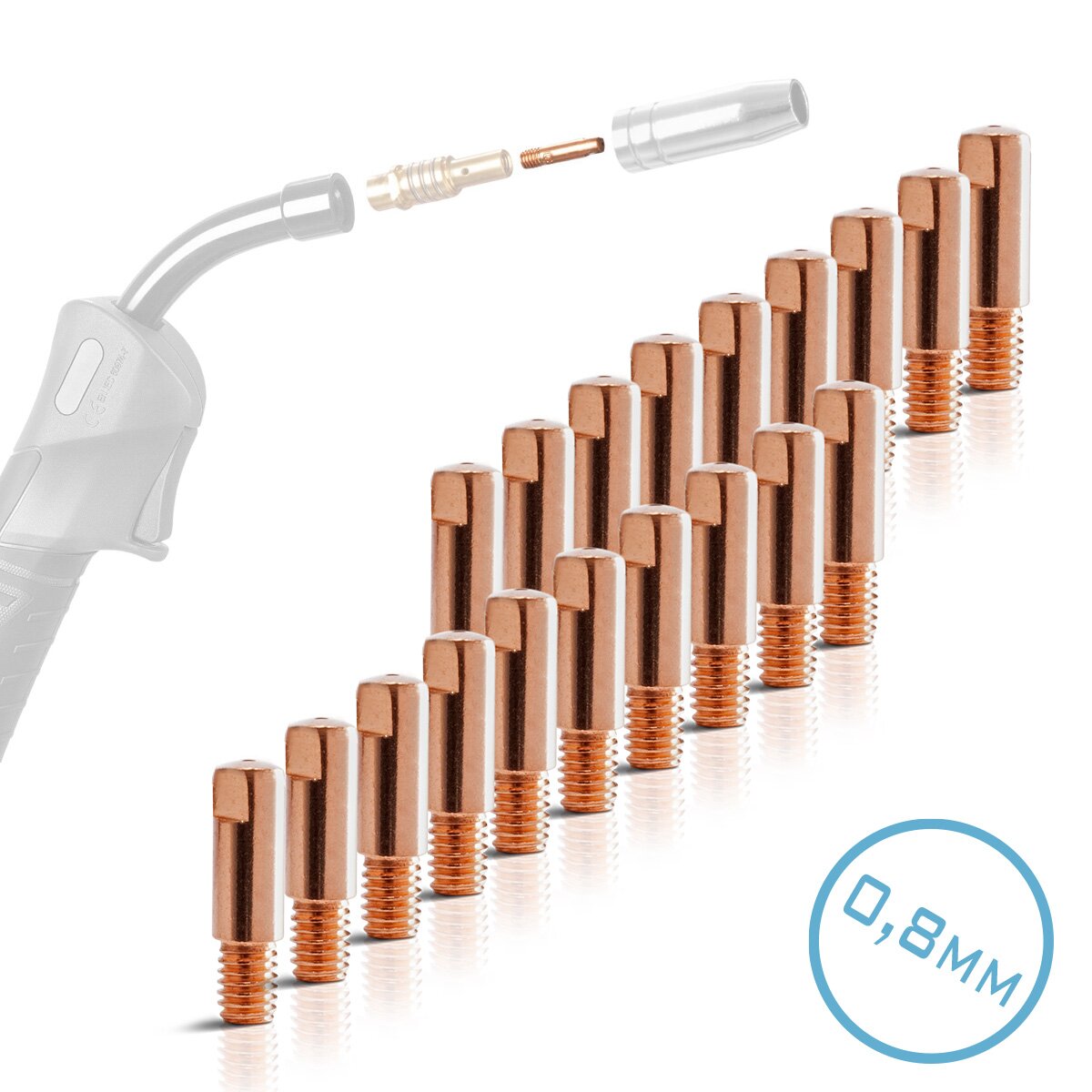STAHLWERK 20er Set AK15 | MB15 | AK14 | MB14 Stromdüsen | Kontaktdüsen M6x25 in 0,8 mm MIG MAG Verschleißteile Set | Schweißzubehör für Schweißbrenner