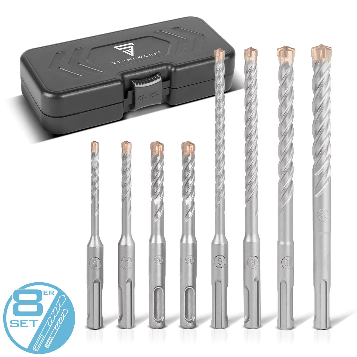 STAHLWERK SDS-Plus drill bit 8-piece set with box | Diameter 5-12 mm | Cross cutting edge and double helix | Lengths 110-160 mm | Stone drill and concrete drill for SDS-Plus holder 10 mm | Strong and precise
