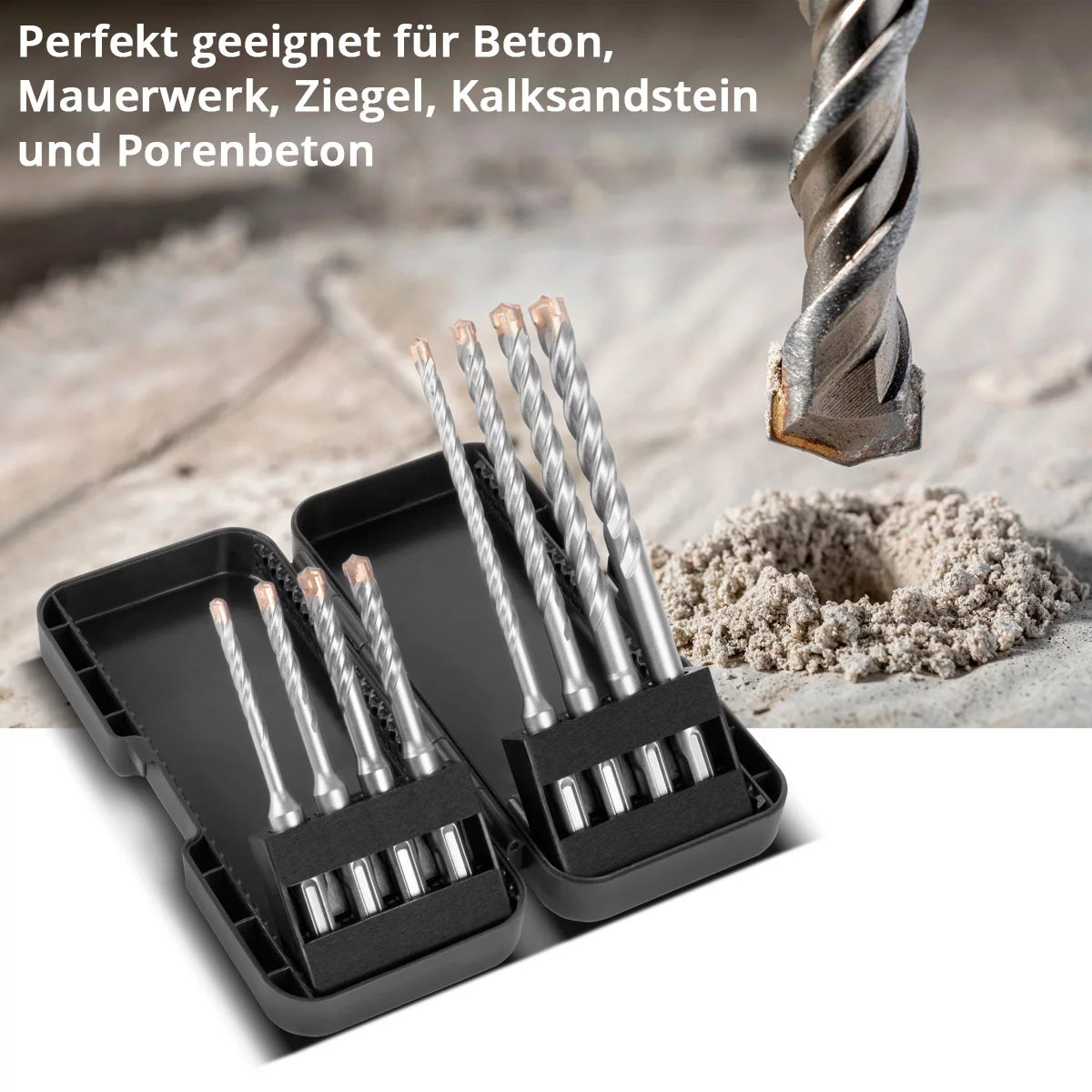 STAHLWERK SDS-Plus-Bohrer 8-teiliges Set mit Box | Durchmesser 5-12 mm | Kreuzschneide und Doppelwendel | Längen 110-160 mm | Steinbohrer und Betonbohrer für SDS-Plus Aufnahme 10 mm | Stark und präzise