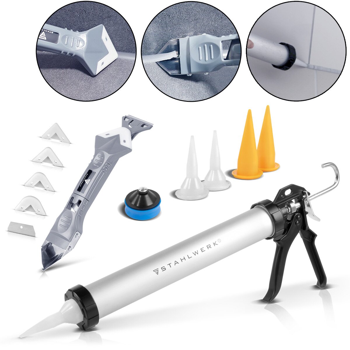 STAHLWERK Silikon-Pistole SP-600 ST mit Silikon-Spachtel 600 ml Aluminium-Kartuschenpresse | Kartuschenpistole inklusive Silikon-Schaber | Fugenabzieher | Fugenglätter | Silikon-Entferner