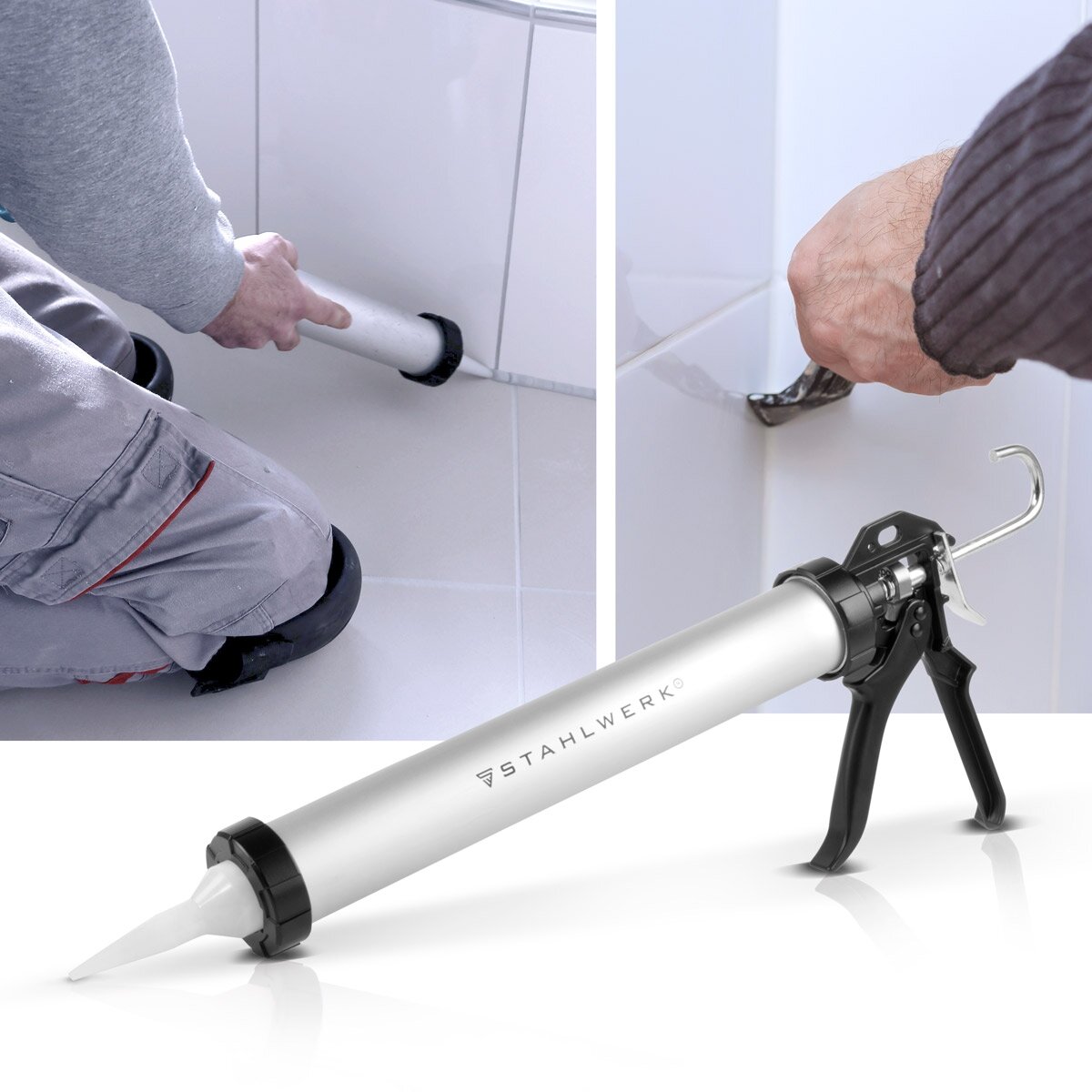 STAHLWERK Silikon-Pistole SP-600 ST mit Silikon-Spachtel 600 ml Aluminium-Kartuschenpresse | Kartuschenpistole inklusive Silikon-Schaber | Fugenabzieher | Fugenglätter | Silikon-Entferner