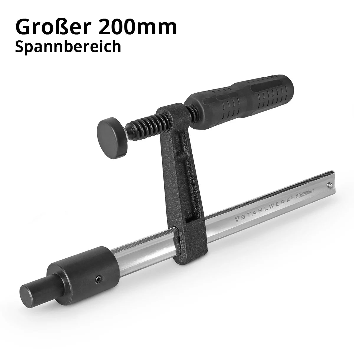 Pince de serrage STAHLWERK pour tables de soudage F-Clamp avec plage de serrage 80 x 200 mm| Système D 16 trous | Fixe en toute sécurité les pièces | Arbre nickelé | Rail de guidage profilé | Poignée à bascule entièrement caoutchoutée