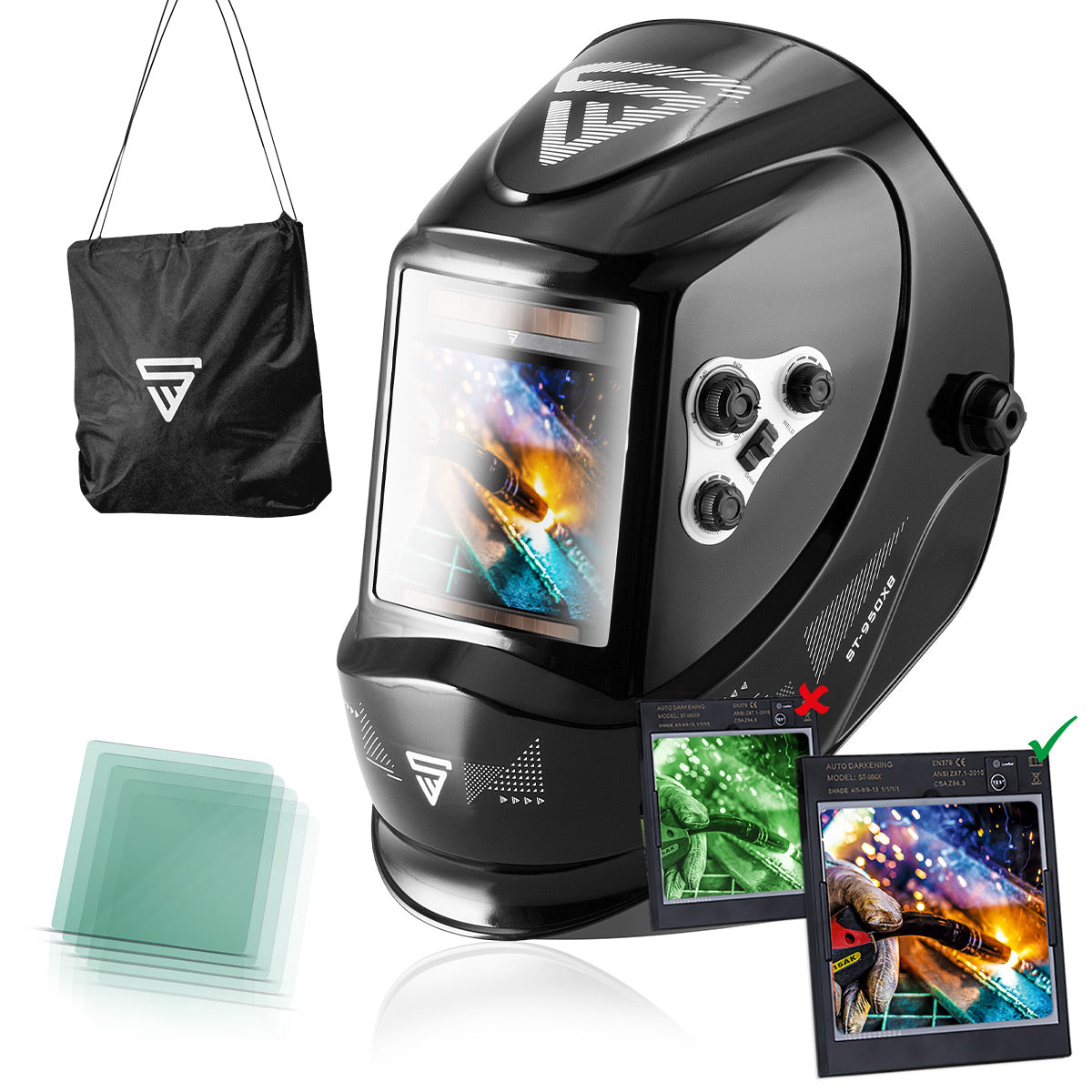 Casco de soldadura STAHLWERK ST-950 XB totalmente automático en color real con función 3 en 1, negro brillante, incluye 5 lentes de repuesto y bolsa