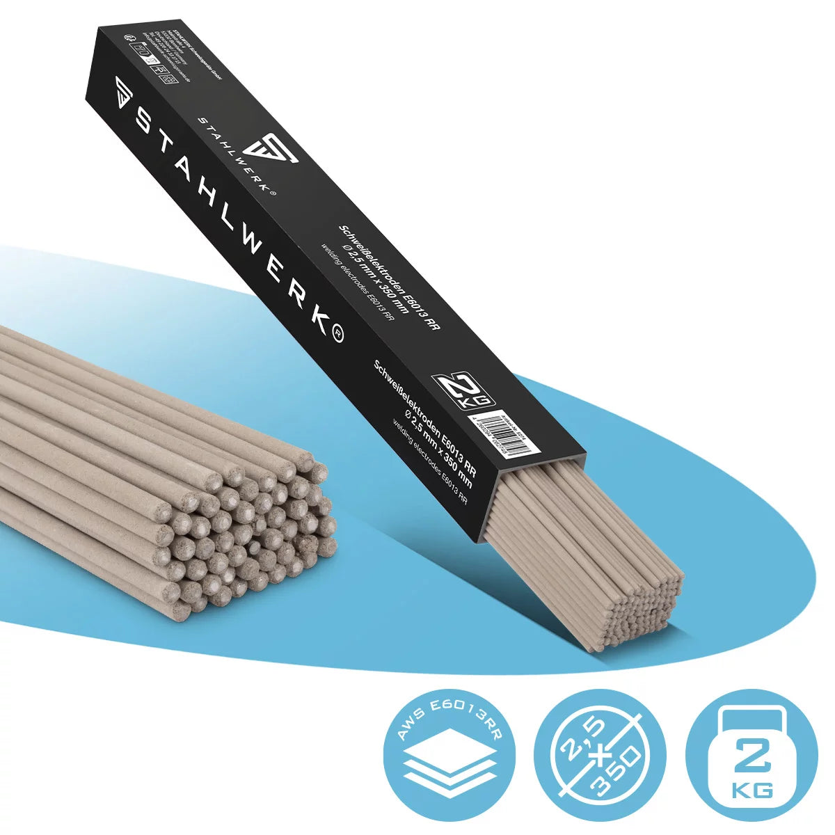 Electrodos de varilla STAHLWERK AWS E6013RR con revestimiento de rutilo grueso 2,5 x 350 mm Corriente de soldadura 50-90 A, alta pureza química 2 kg MMA ARC