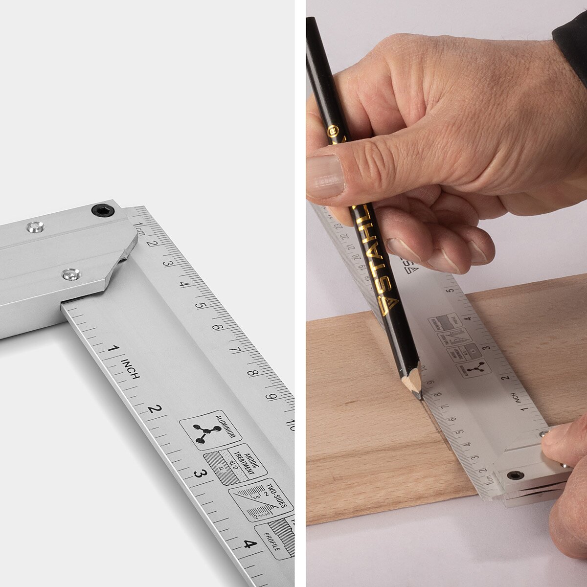 Escuadra de tope de aluminio STAHLWERK, escuadra de carpintero con ángulo de medición de 400 mm, con remachado en cm y pulgadas