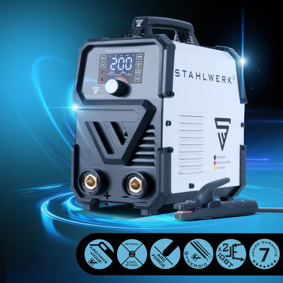 STAHLWERK ARC 200 Synergic Pro Elektroden-Schweißgerät, vollsynergischer MMA | E-Hand | Lift-TIG Inverter mit 200 Ampere und IGBT Technologie