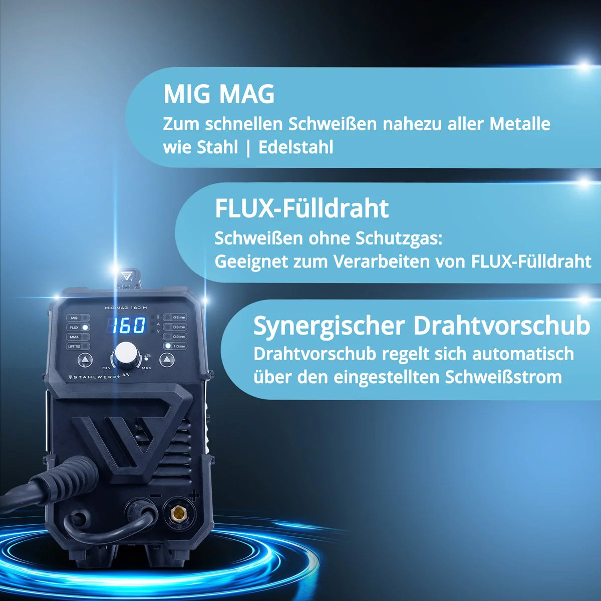 STAHLWERK MIG/MAG 160 M welding machine Fully synergic 5 in 1 combination device with real 160 amps and 2 rolls of drive/cored wire, MIG MAG, ARC MMA, Lift TIG