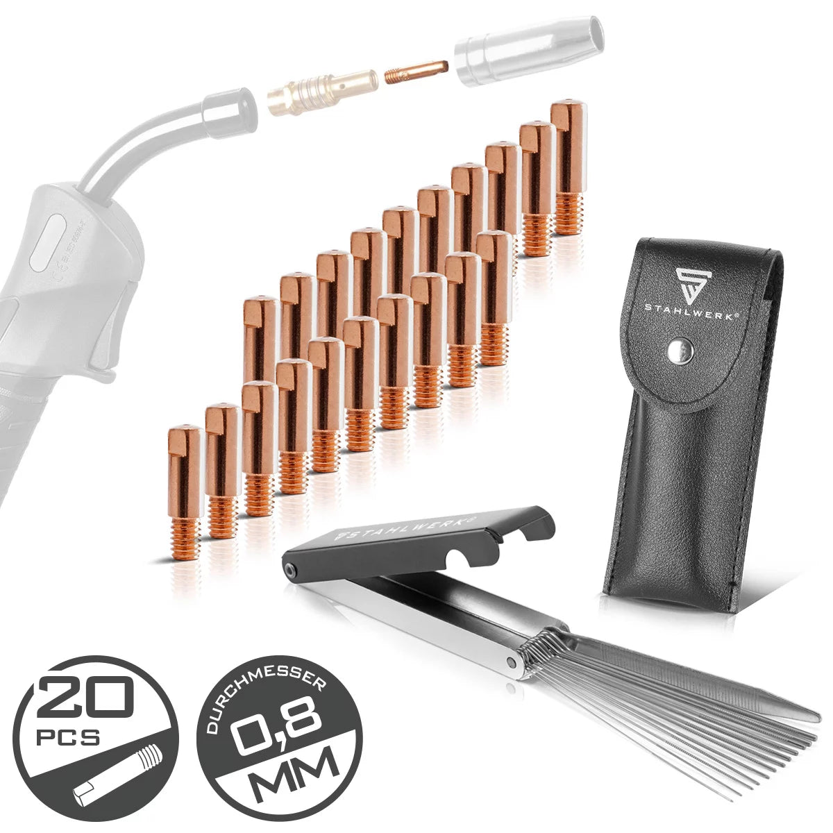 STAHLWERK MIG MAG Stromdüsen-Set | 20er Set Stromdüsen M6x25 0,8 mm |13-in-1 Düsenreiniger im Etui | Zubehör für AK15, MB15, AK14, MB14 | Reinigungs- und Verschleißteile-Set für MIG/MAG-Schweißbrenner