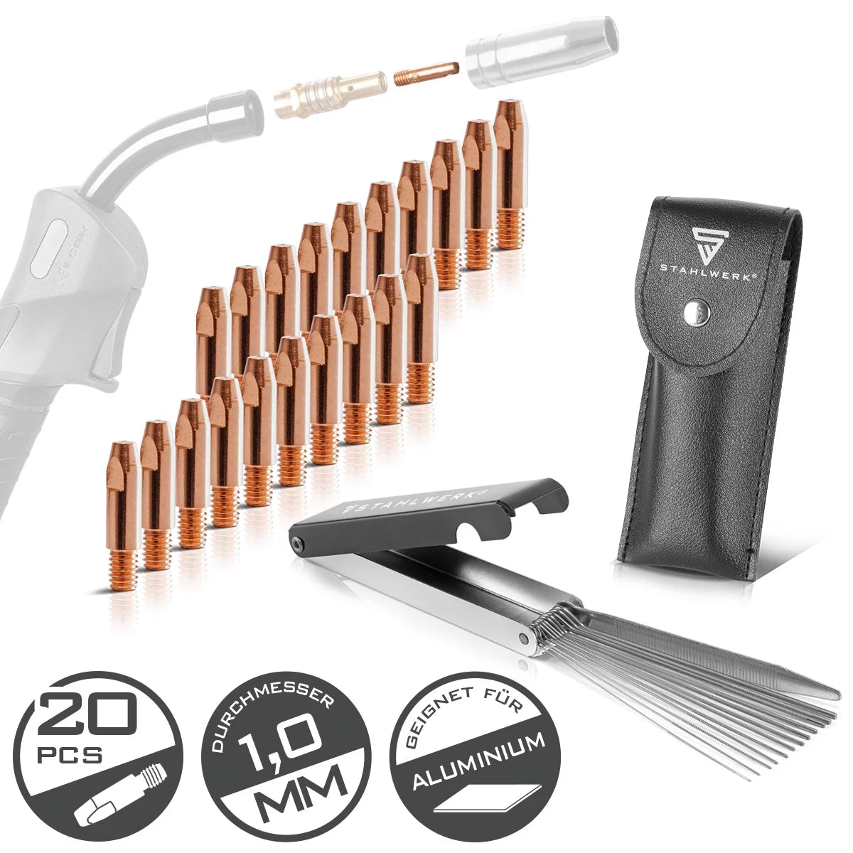 STAHLWERK MIG MAG Stromdüsen-Set für Aluminium| 20er Set Stromdüsen M6x28 1,0 mm |13-in-1 Düsenreiniger im Etui | AK25, MB25, KD24, MB24 | Reinigungs- und Verschleißteile-Set MIG/MAG-Schweißbrenner
