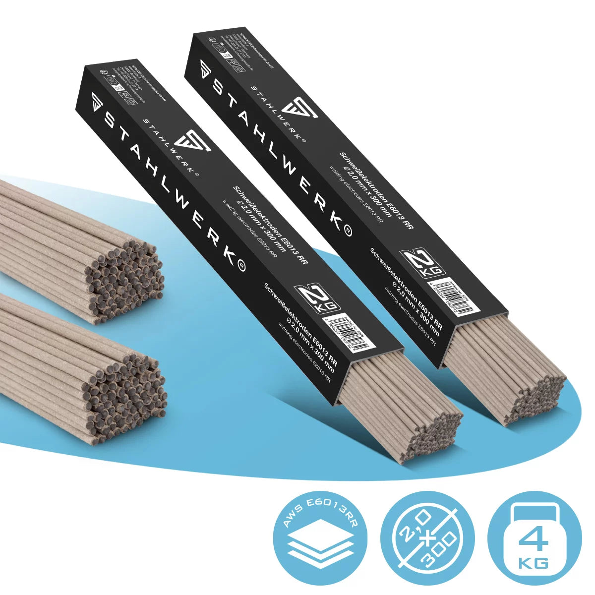 STAHLWERK 2 x électrodes en bâton AWS E6013RR à revêtement rutile épais 2 mm x 300 mm, courant de soudage 50-70 A, haute pureté chimique, 2 kg MMA ARC