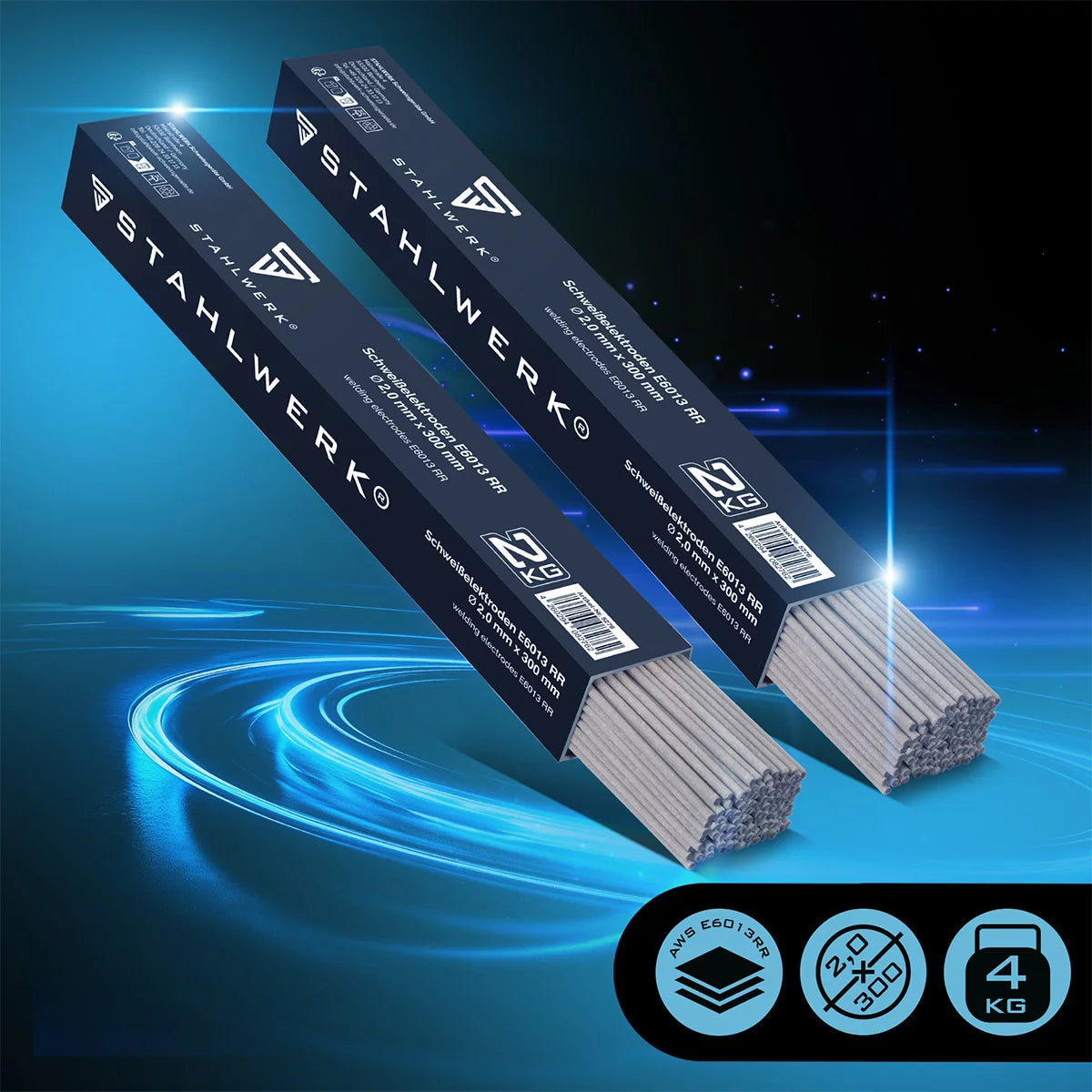 STAHLWERK 2 x électrodes en bâton AWS E6013RR à revêtement rutile épais 2 mm x 300 mm, courant de soudage 50-70 A, haute pureté chimique, 2 kg MMA ARC