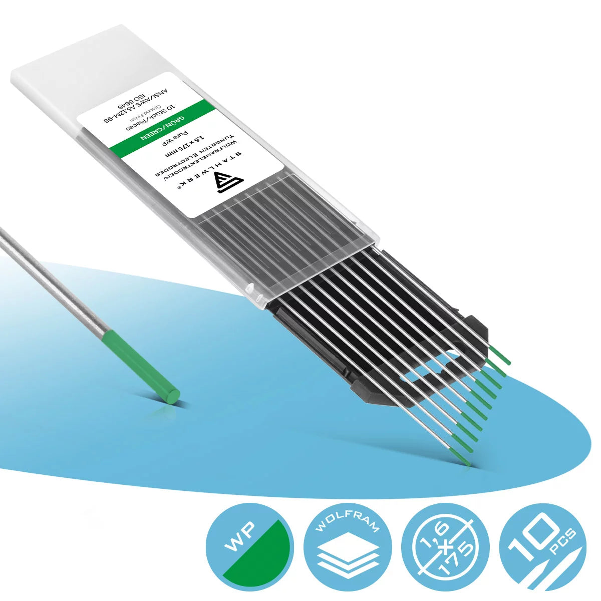 Elettrodi di tungsteno STAHLWERK WP verde 1,6 mm x 175 mm 10 pezzi