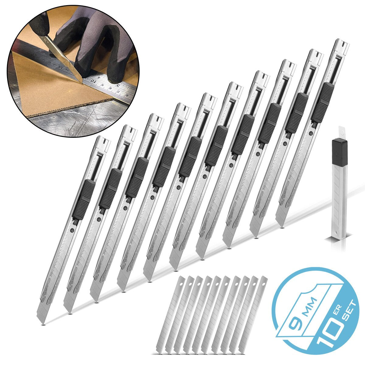 STAHLWERK cutter knife set of 10 with 9 mm snap-off blades made of break-resistant carbon steel, precise cutter | Carpet knife | Safety knife | Parcel knife | Box cutter