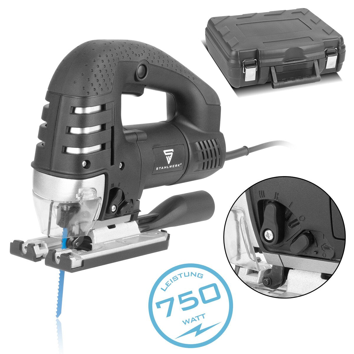 Sierra de calar STAHLWERK JSB-750 ST con sierra eléctrica de 700 W, 600 - 2.800 rpm y ángulo de inclinación de 45° | Sierra pendular | Sierra de calar pendular con carril guía para serrar madera, metal y plástico