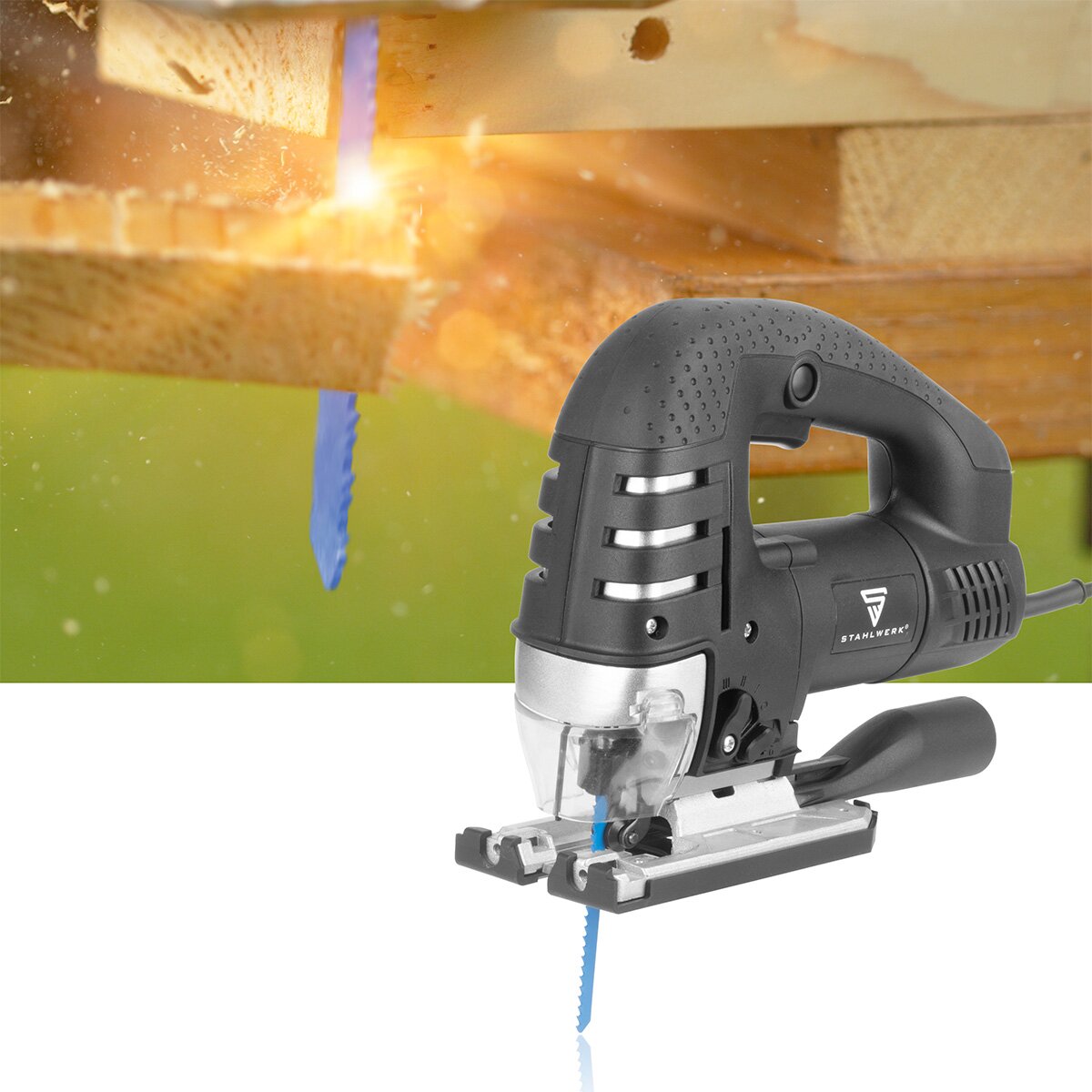 Sierra de calar STAHLWERK JSB-750 ST con sierra eléctrica de 700 W, 600 - 2.800 rpm y ángulo de inclinación de 45° | Sierra pendular | Sierra de calar pendular con carril guía para serrar madera, metal y plástico