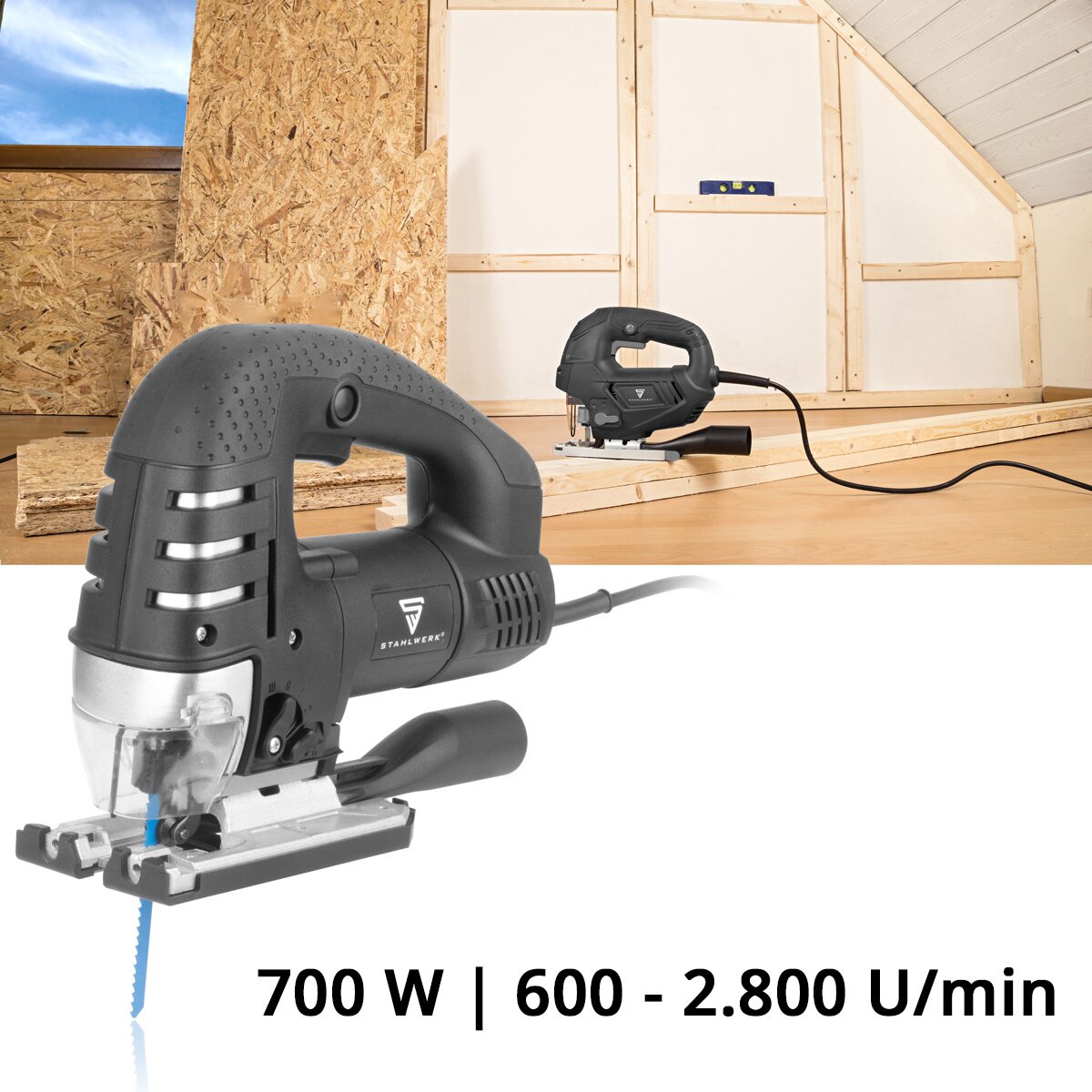 Sierra de calar STAHLWERK JSB-750 ST con sierra eléctrica de 700 W, 600 - 2.800 rpm y ángulo de inclinación de 45° | Sierra pendular | Sierra de calar pendular con carril guía para serrar madera, metal y plástico