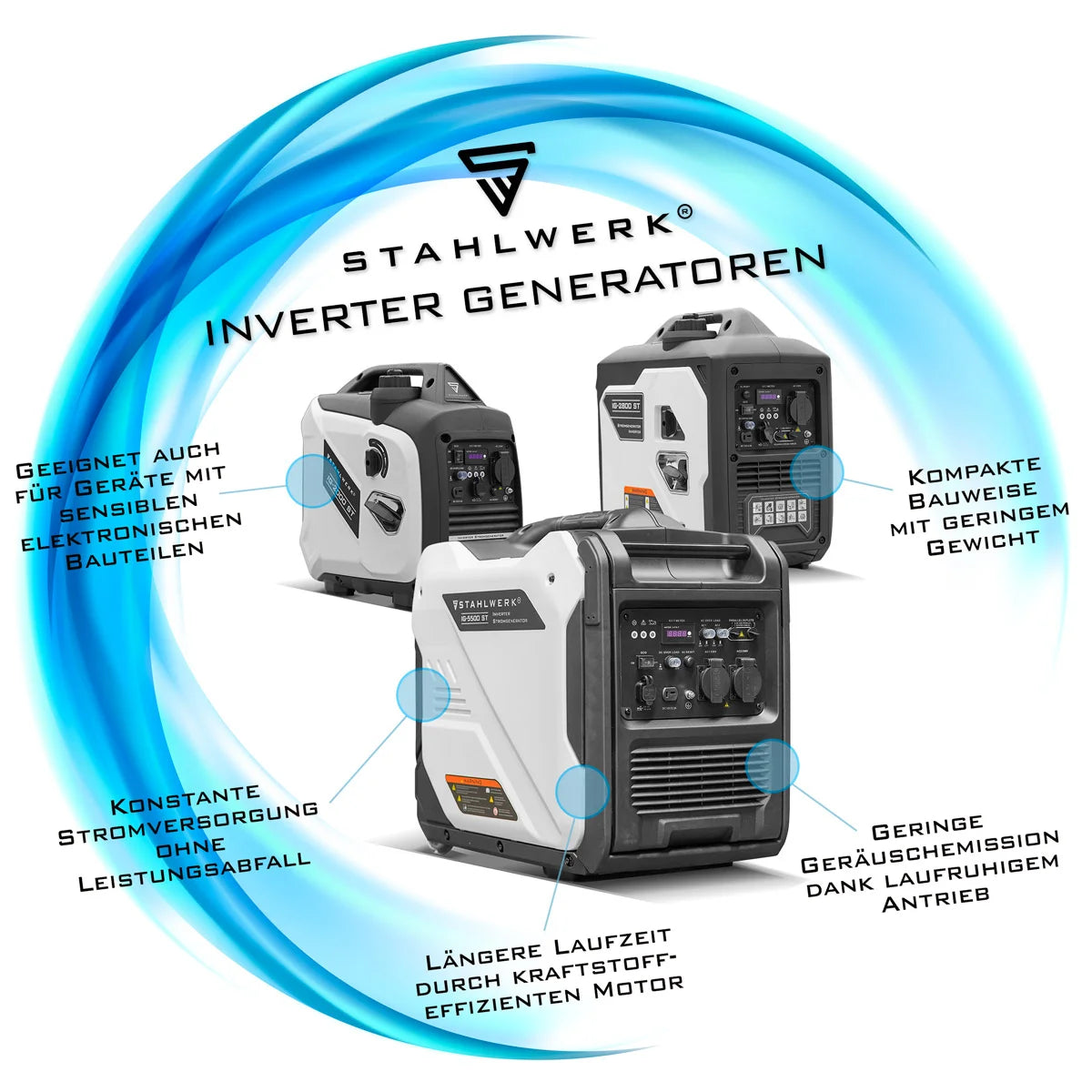 Générateur essence STAHLWERK IG-3500 ST 3,5 kW | Générateur d'énergie à onduleur de 4,76 HP | Générateur multi-alimentation | Générateur de secours, 4 temps, 5 connexions consommateurs, économe en consommation et nécessitant peu d'entretien