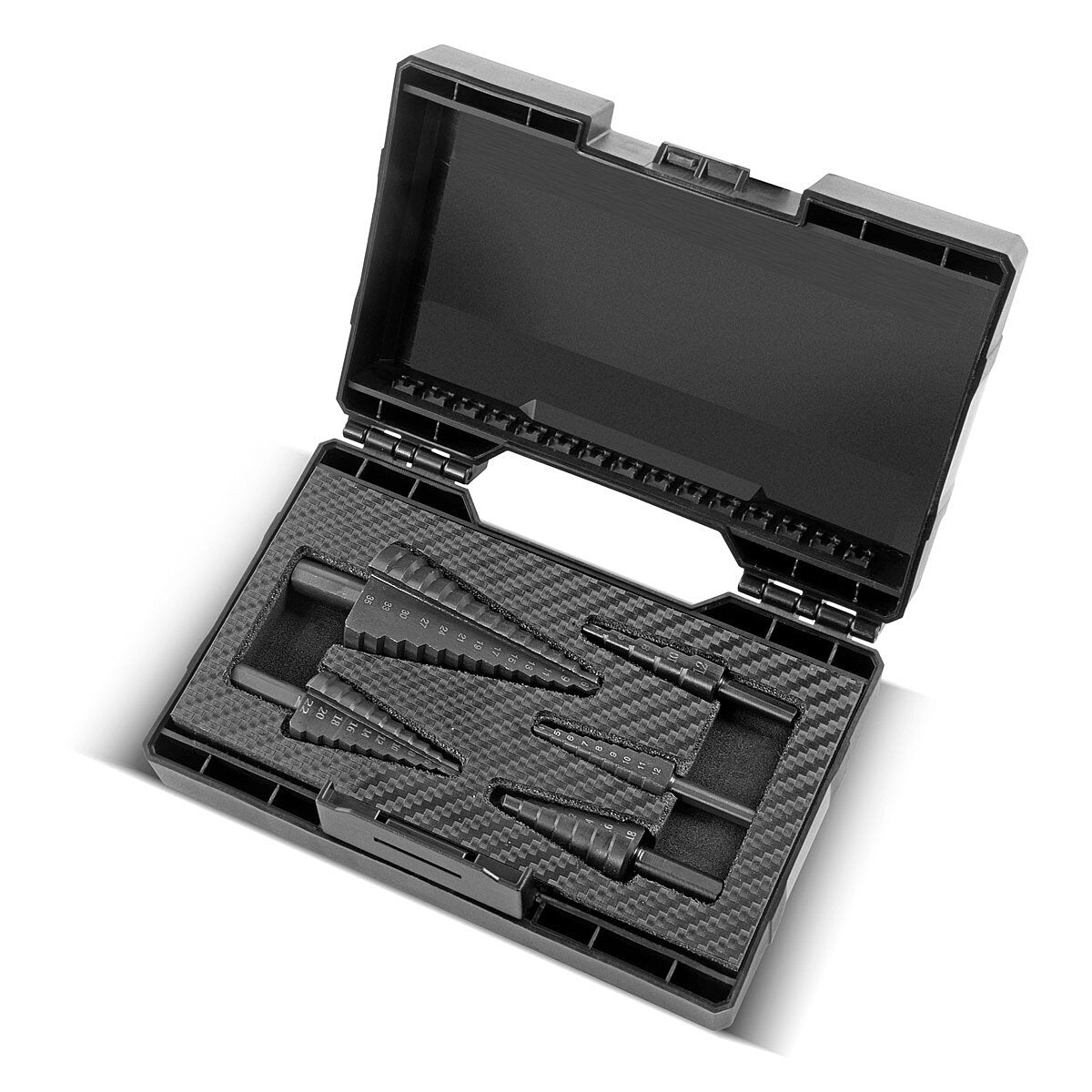 STAHLWERK HSS step drill / cone drill set 5 pieces with TiAlN coating, countersunk drill / metal drill for precise drilling of alloyed and non-alloyed steels including plastic storage box