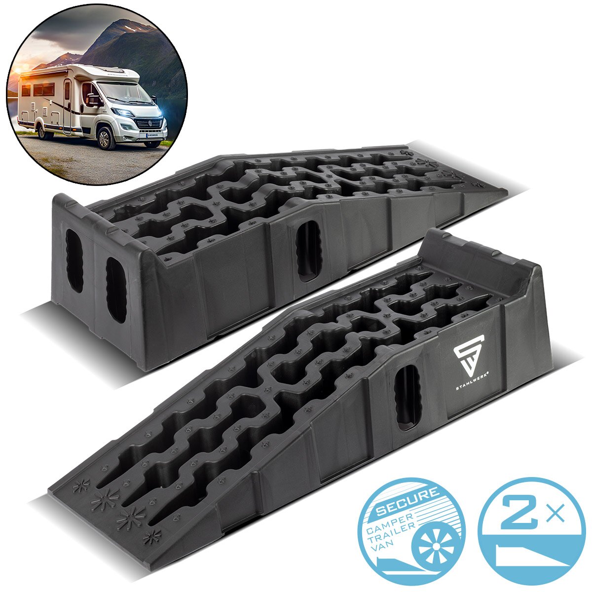 Cuneo per gradini STAHLWERK GT-15 ST set da 2 con portata di 6 t Cuneo carrabile 905 x 330 x 215 mm | Cunei da ruota | Rampa di accesso | Rampa | Cuneo di compensazione per camper, roulotte, roulotte o rimorchio