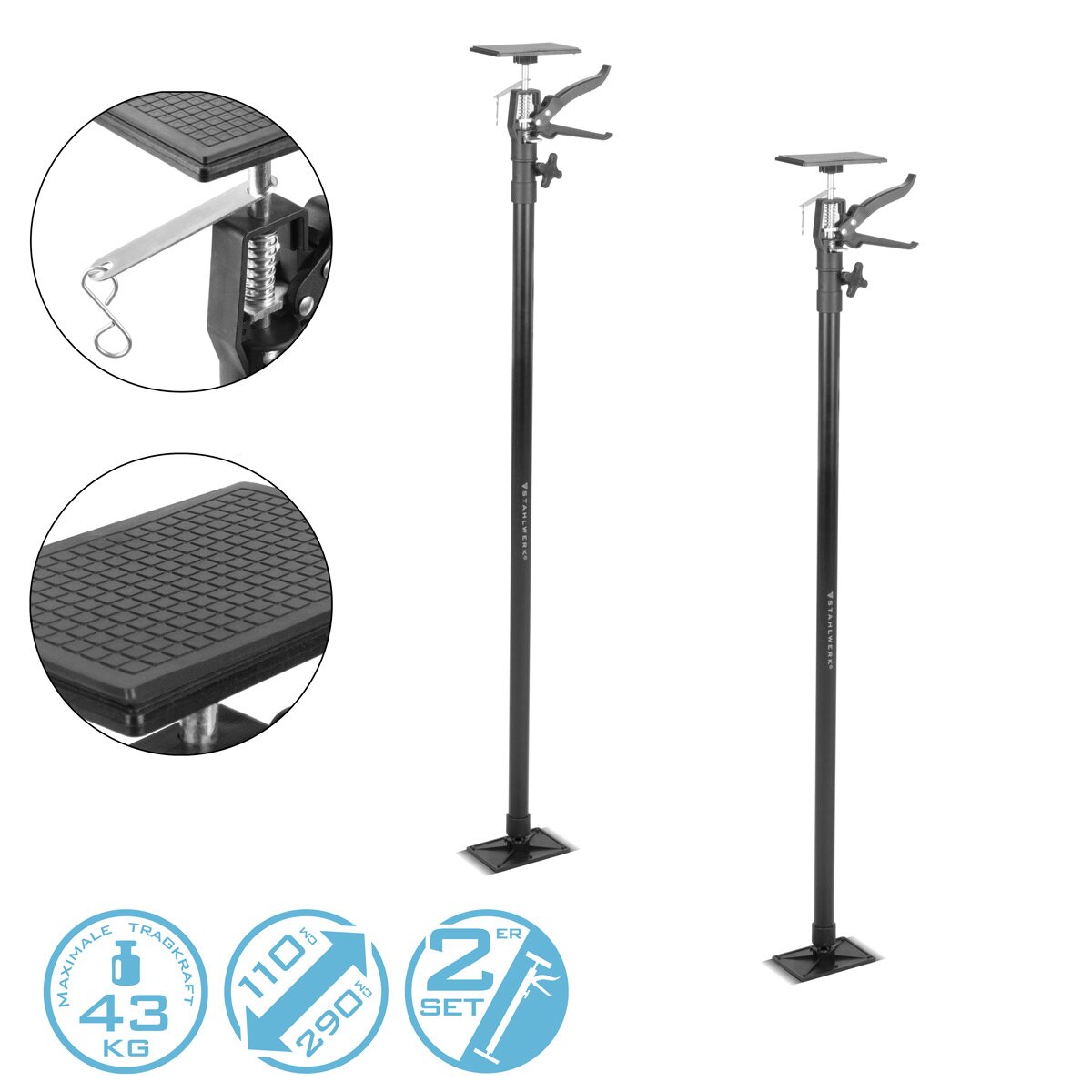 Stahlwerk Telescopic Support Bar 2 Ensemble 110-290 cm avec 43 kg Capacité de charge CAPLAGE | Baustützen | Support télescopique | Tendeur de porte | Support de plafond | Support de tension | Support d'un hand | Rapide