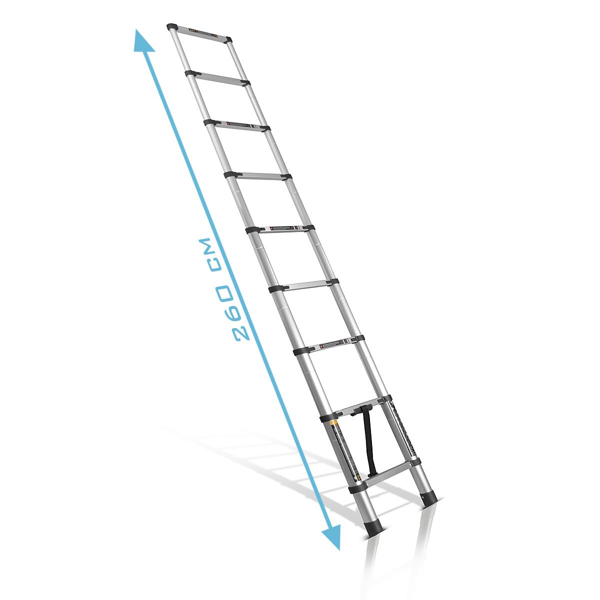 Échelle télescopique STAHLWERK TL-260 ST avec capacité de charge de 150 kg et longueur maximale de 2,60 m, échelle extensible en aluminium | Échelle penchée | Échelle à échelons avec échelons antidérapants avec garantie constructeur de 7 ans