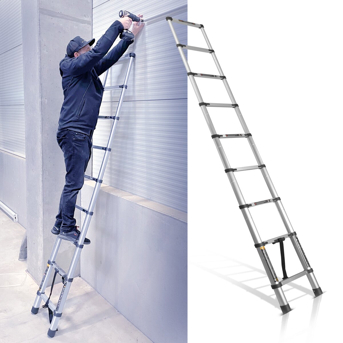Échelle télescopique STAHLWERK TL-260 ST avec capacité de charge de 150 kg et longueur maximale de 2,60 m, échelle extensible en aluminium | Échelle penchée | Échelle à échelons avec échelons antidérapants avec garantie constructeur de 7 ans