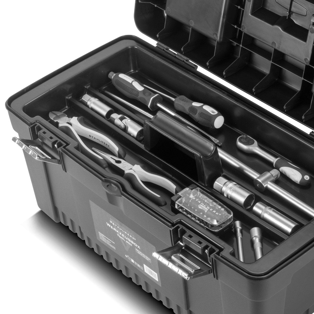 STAHLWERK Toolbox Set mit 4 leeren Werkzeugkisten | Werkzeugbox | Werkzeugkoffer | Werkzeugkasten | Werkzeug-Organizer | 4 in 1 Modul-System mit integrierten Sortimentsboxen