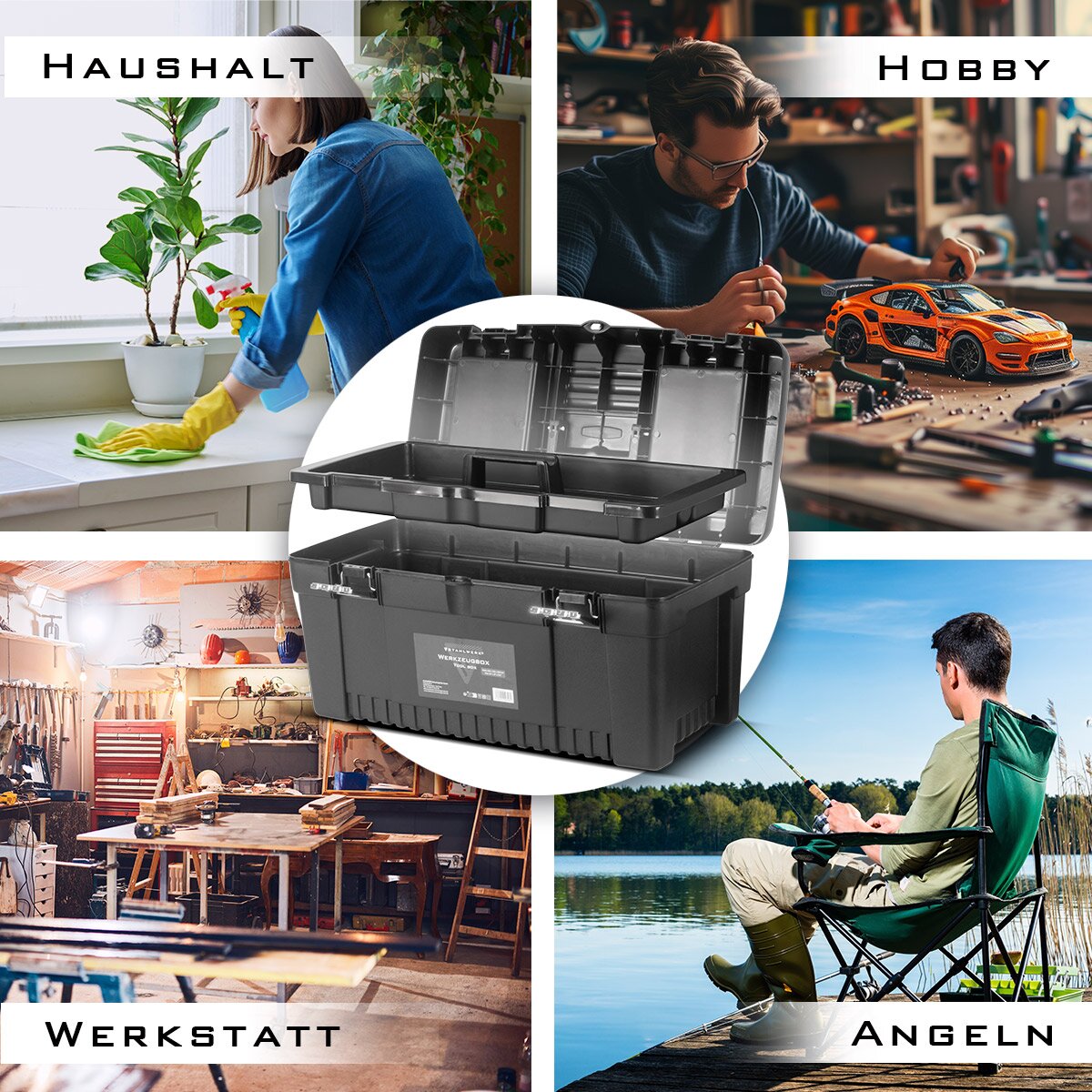 STAHLWERK Toolbox Set mit 4 leeren Werkzeugkisten | Werkzeugbox | Werkzeugkoffer | Werkzeugkasten | Werkzeug-Organizer | 4 in 1 Modul-System mit integrierten Sortimentsboxen