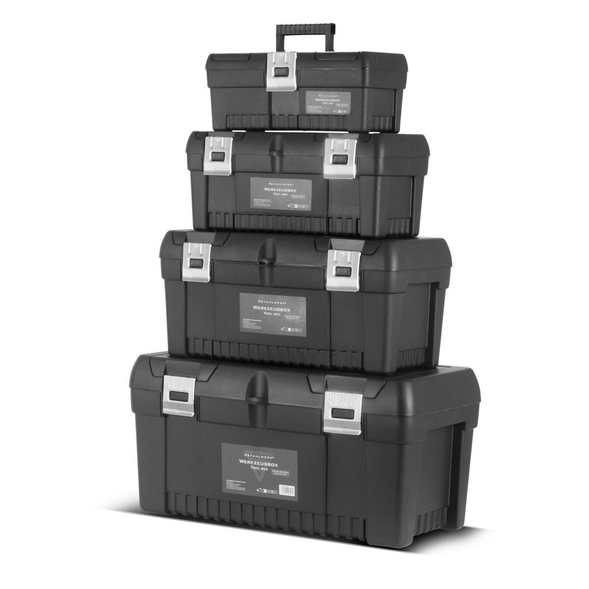 STAHLWERK Toolbox Set mit 4 leeren Werkzeugkisten | Werkzeugbox | Werkzeugkoffer | Werkzeugkasten | Werkzeug-Organizer | 4 in 1 Modul-System mit integrierten Sortimentsboxen