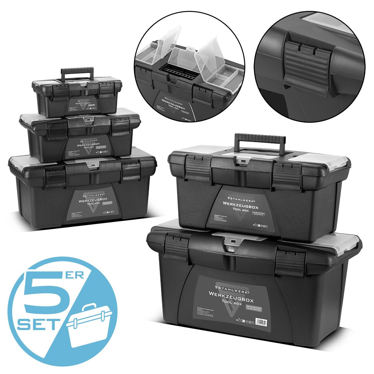 STAHLWERK Toolbox Set mit 5 leeren Werkzeugkisten | Werkzeugbox | Werkzeugkoffer | Werkzeugkasten | Werkzeug-Organizer | 5 in 1 Modul-System mit integrierten Sortimentsboxen